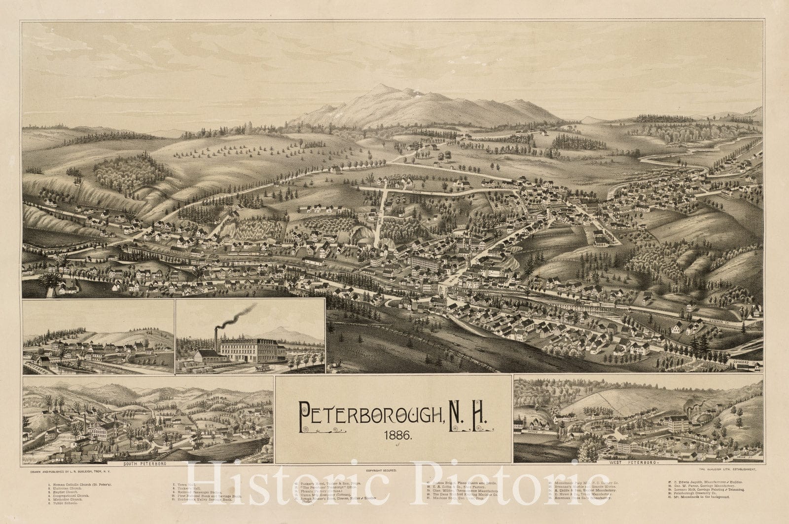 Historical Map, Peterborough, N.H : 1886, Vintage Wall Art