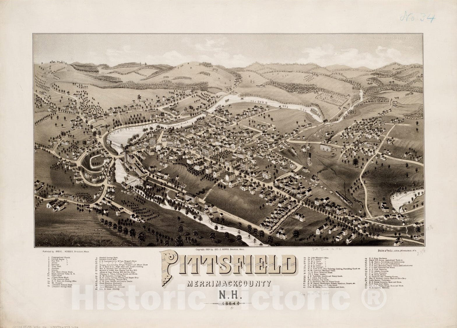 Historical Map, Pittsfield, Merrimackcounty [sic], N.H : 1884, Vintage Wall Art