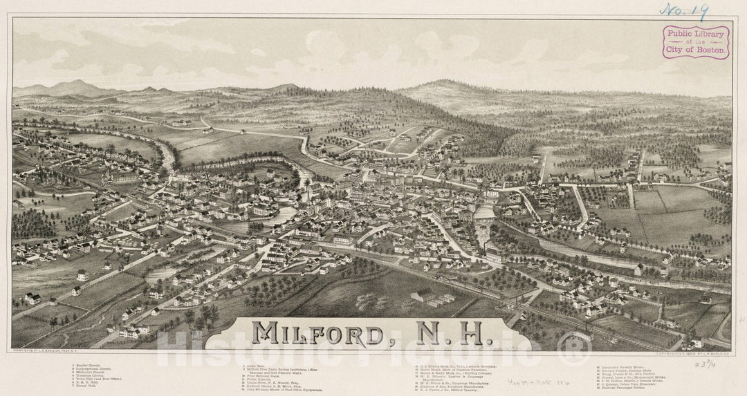 Historical Map, ca. 1886 Milford, N.H, Vintage Wall Art