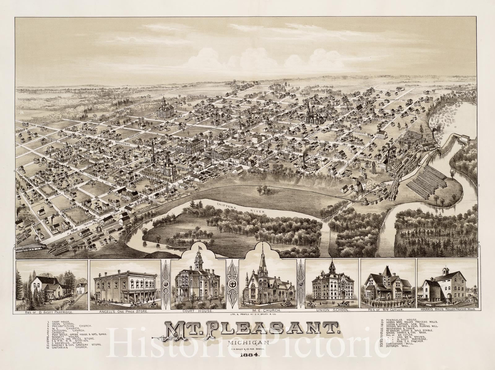 Historical Map, Mt. Pleasant, Michigan : 1884, Vintage Wall Art