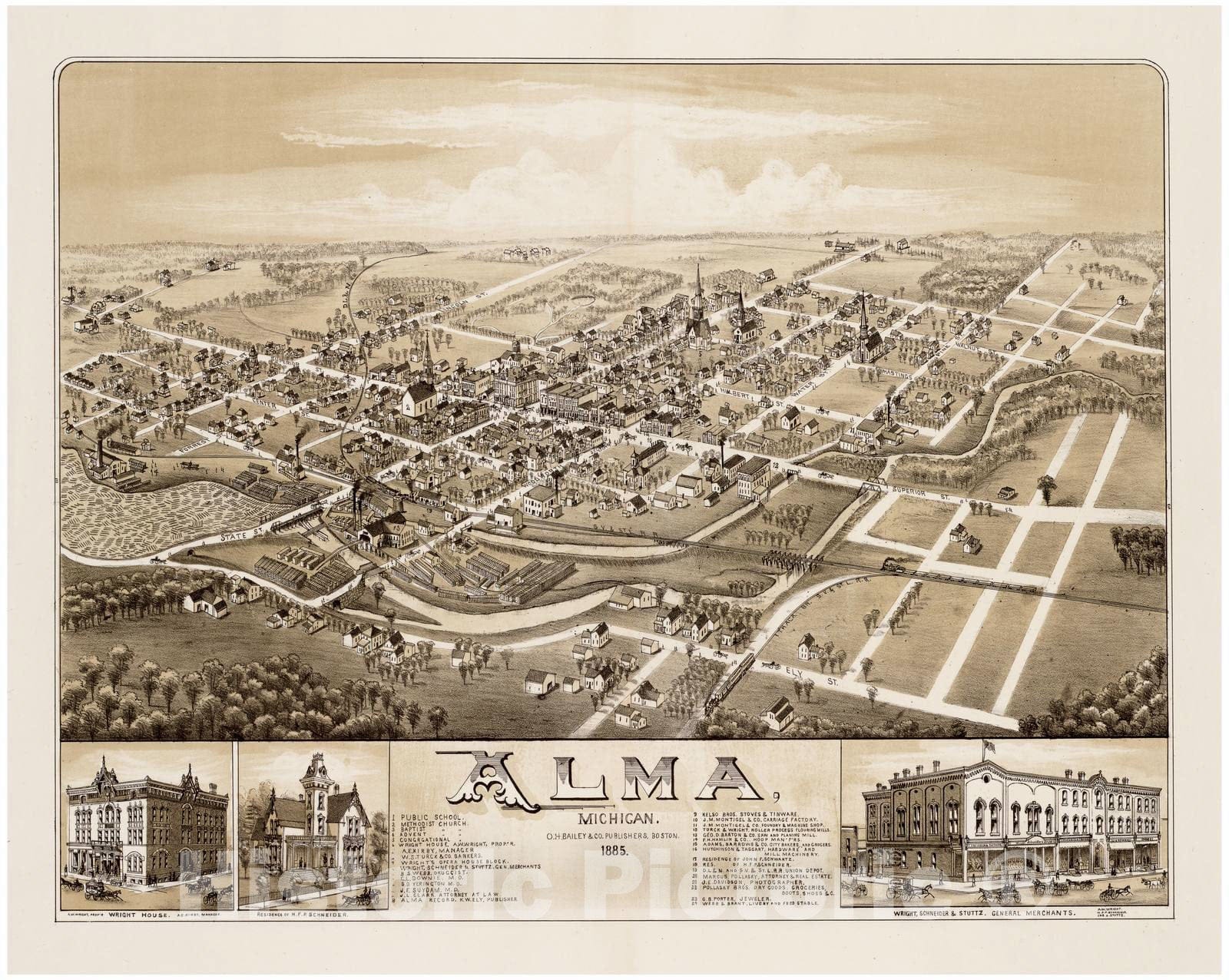 Historical Map, Alma, Michigan : 1885, Vintage Wall Art
