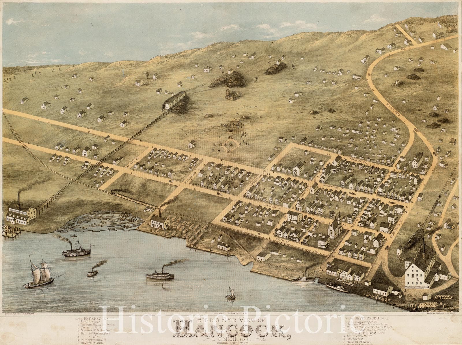 Historical Map, Bird's eye view of Hancock, L.S. Mich, 1873 : looking north west, Vintage Wall Art
