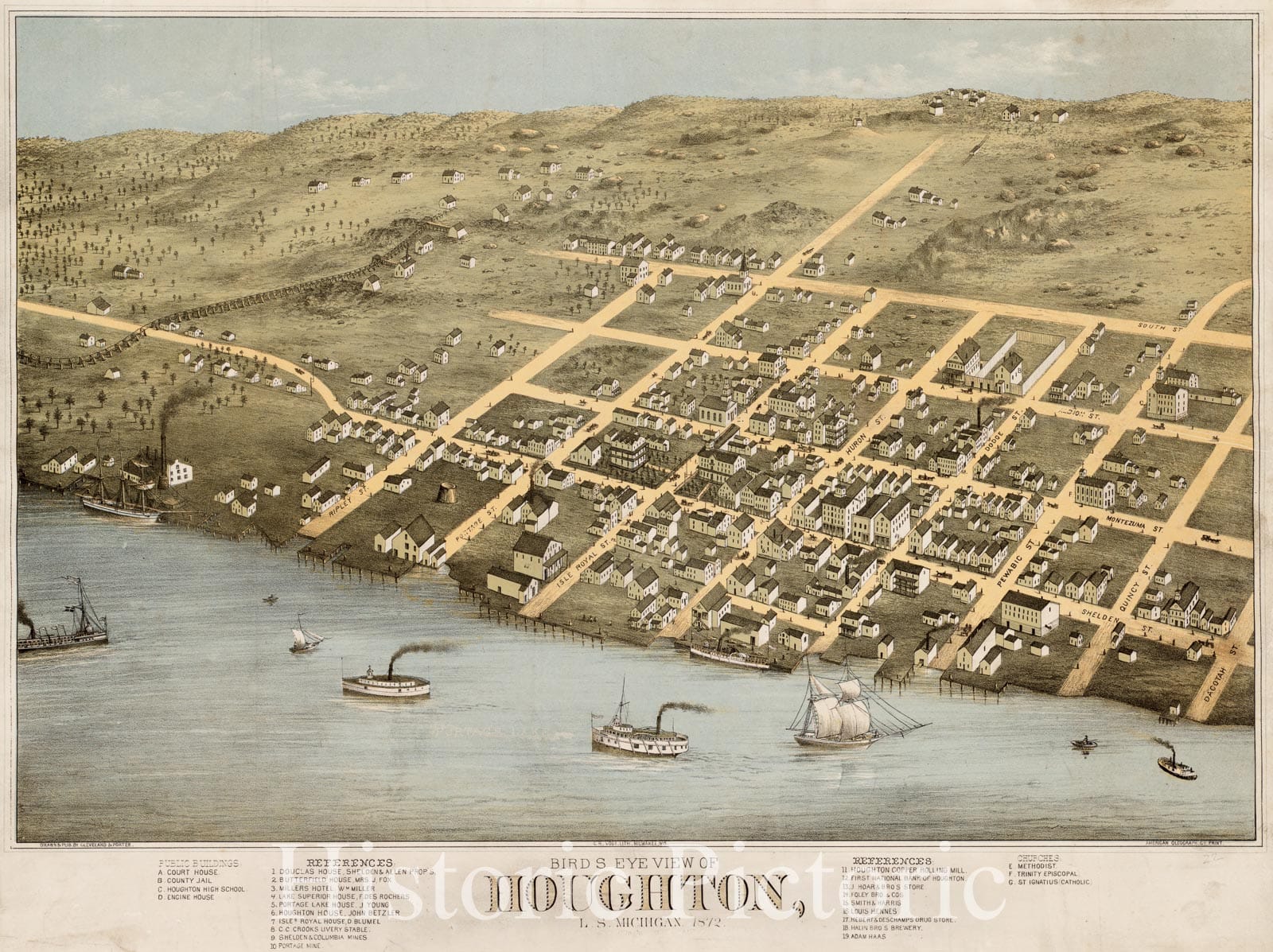 Historical Map, Bird's Eye View of Houghton, L.S, Michigan, 1872 : Looking South East, Vintage Wall Art
