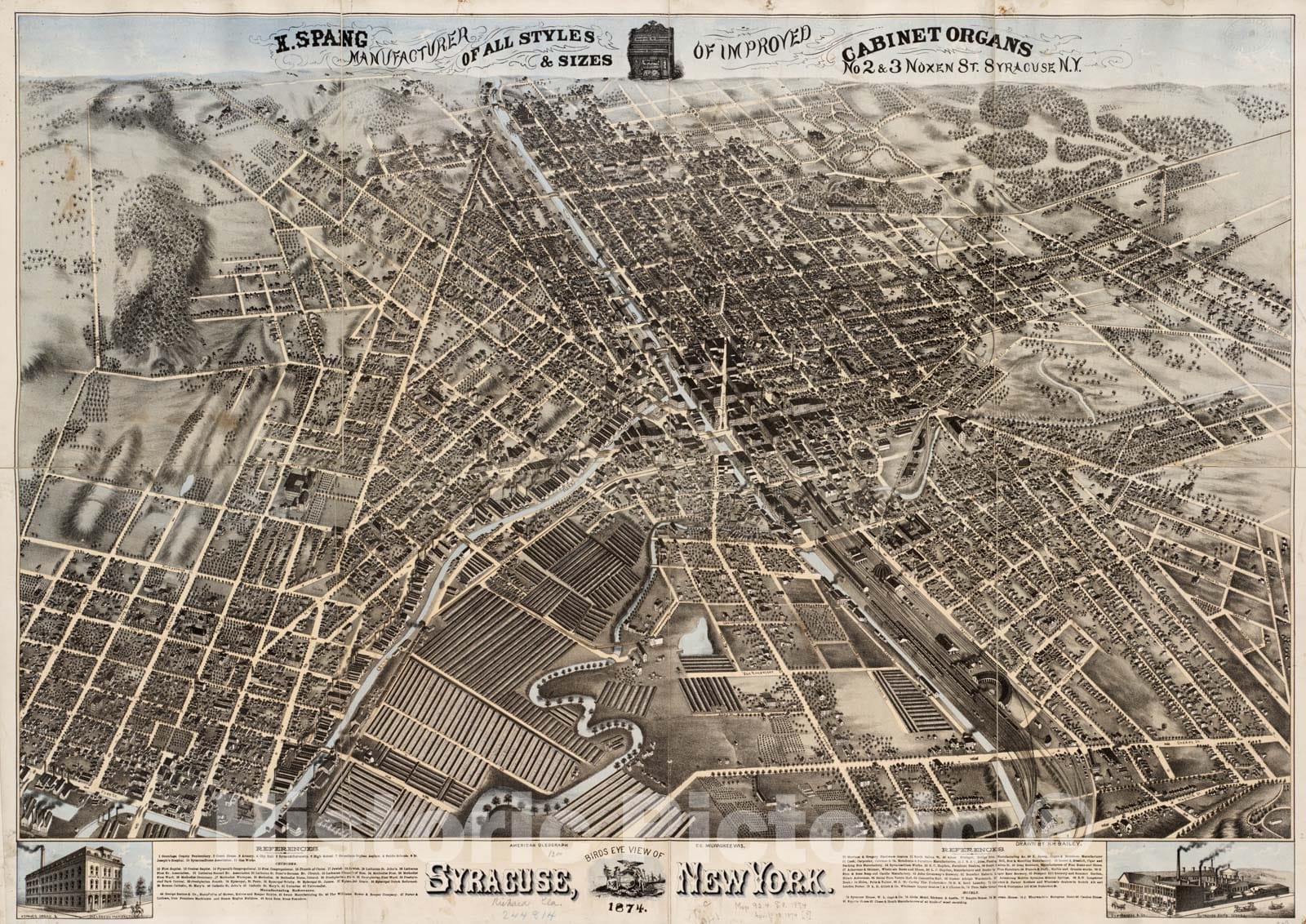 Historical Map, Birds Eye View of Syracuse, New York : 1874, Vintage Wall Art
