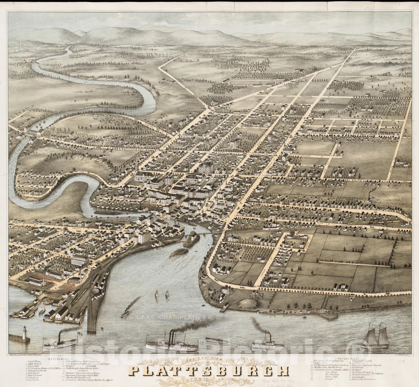Historical Map, Bird's Eye View of Plattsburgh, Clinton Co, New York 1877, Vintage Wall Art
