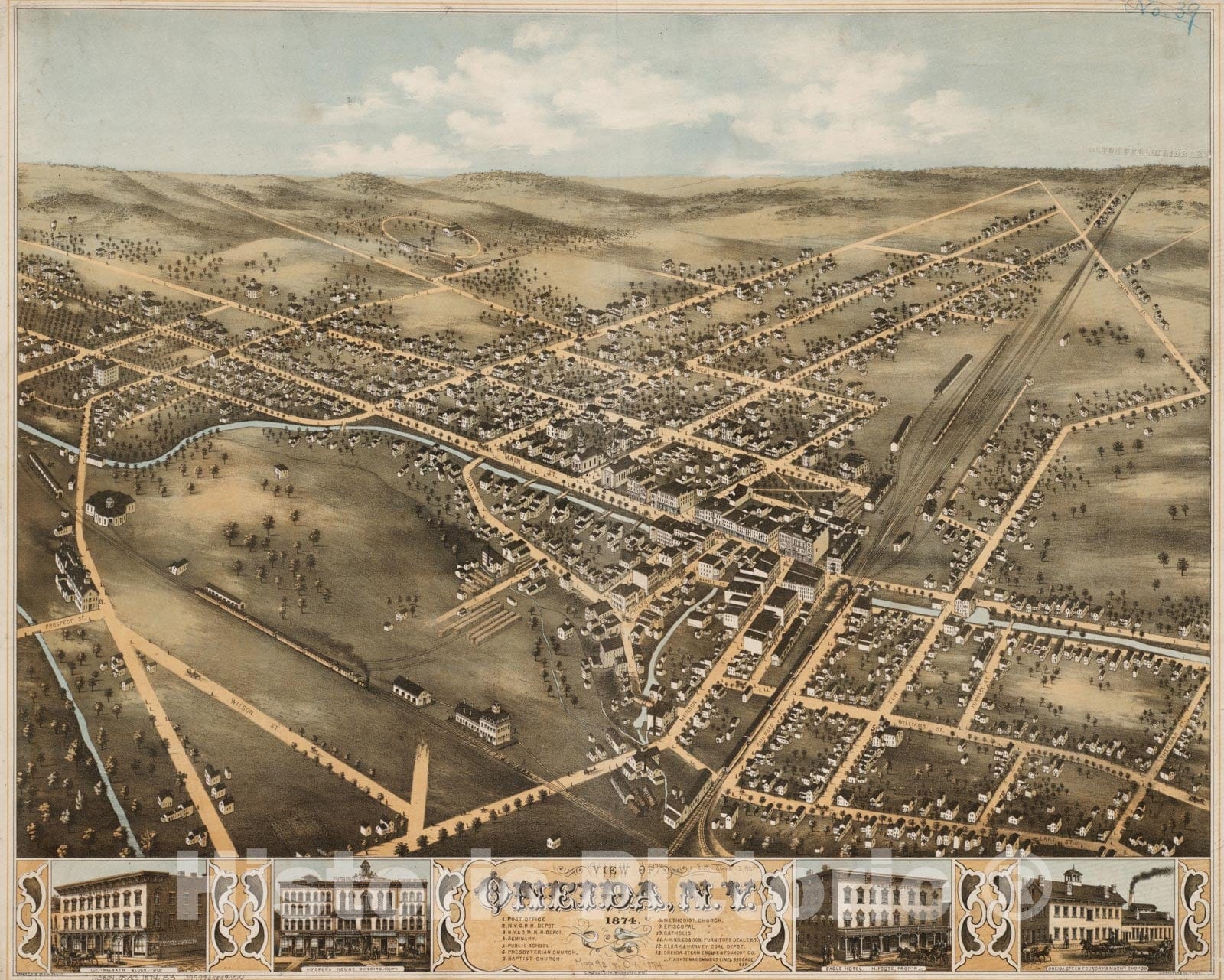 Historical Map, View of Oneida, N.Y : 1874, Vintage Wall Art