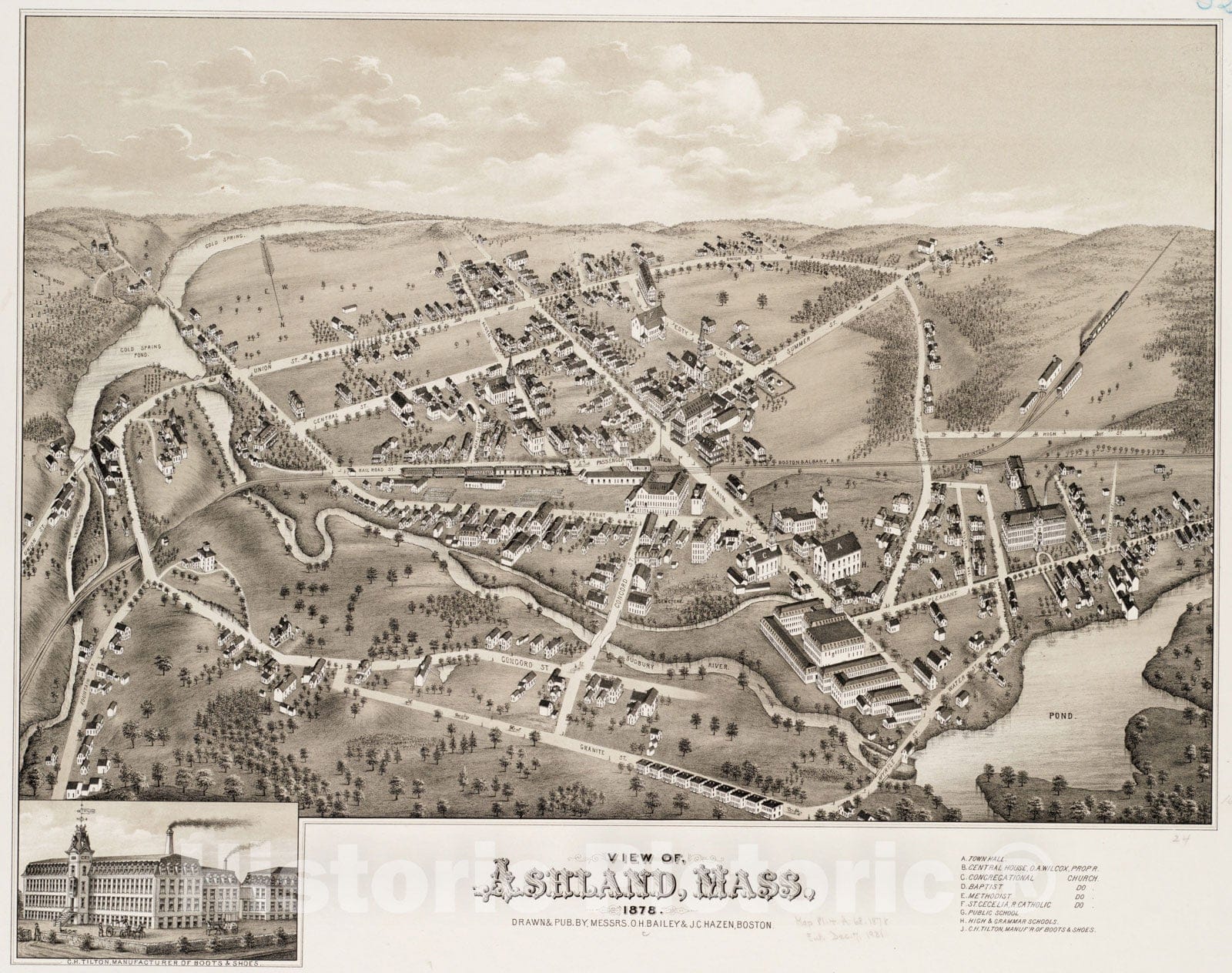 Historical Map, View of Ashland, Mass : 1878, Vintage Wall Art