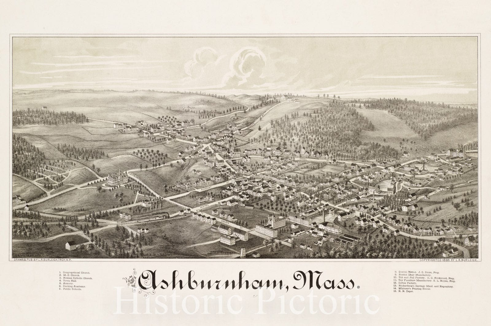 Historical Map, ca. 1886 Ashburnham, Mass, Vintage Wall Art