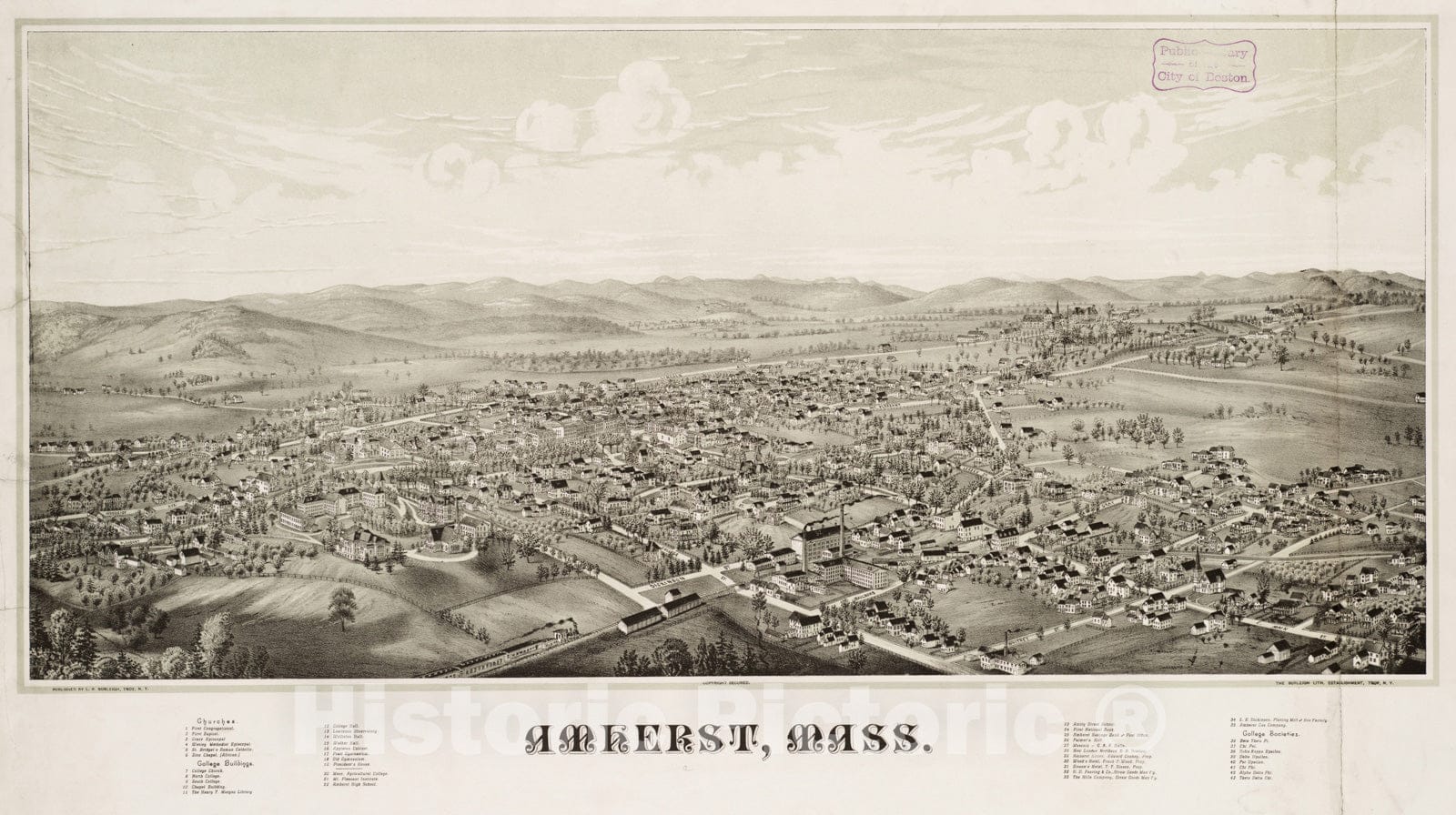 Historical Map, 1886 Amherst, Mass, Vintage Wall Art