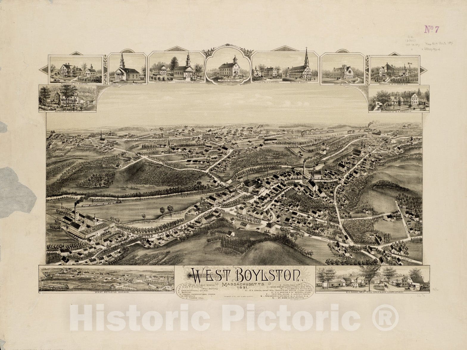 Historical Map, West Boylston, Massachusetts : 1891, Vintage Wall Art