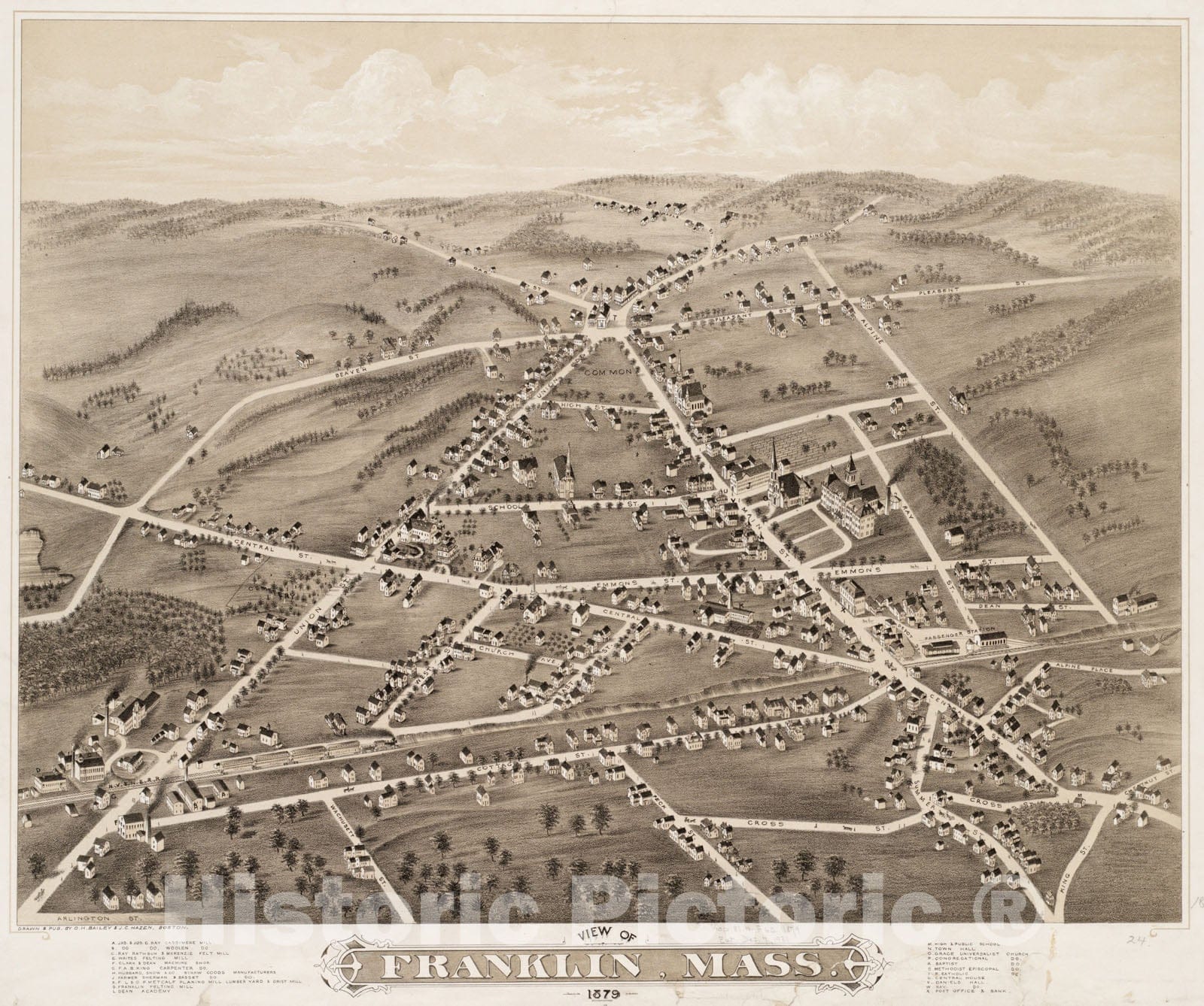 Historical Map, View of Franklin, Mass : 1879, Vintage Wall Art