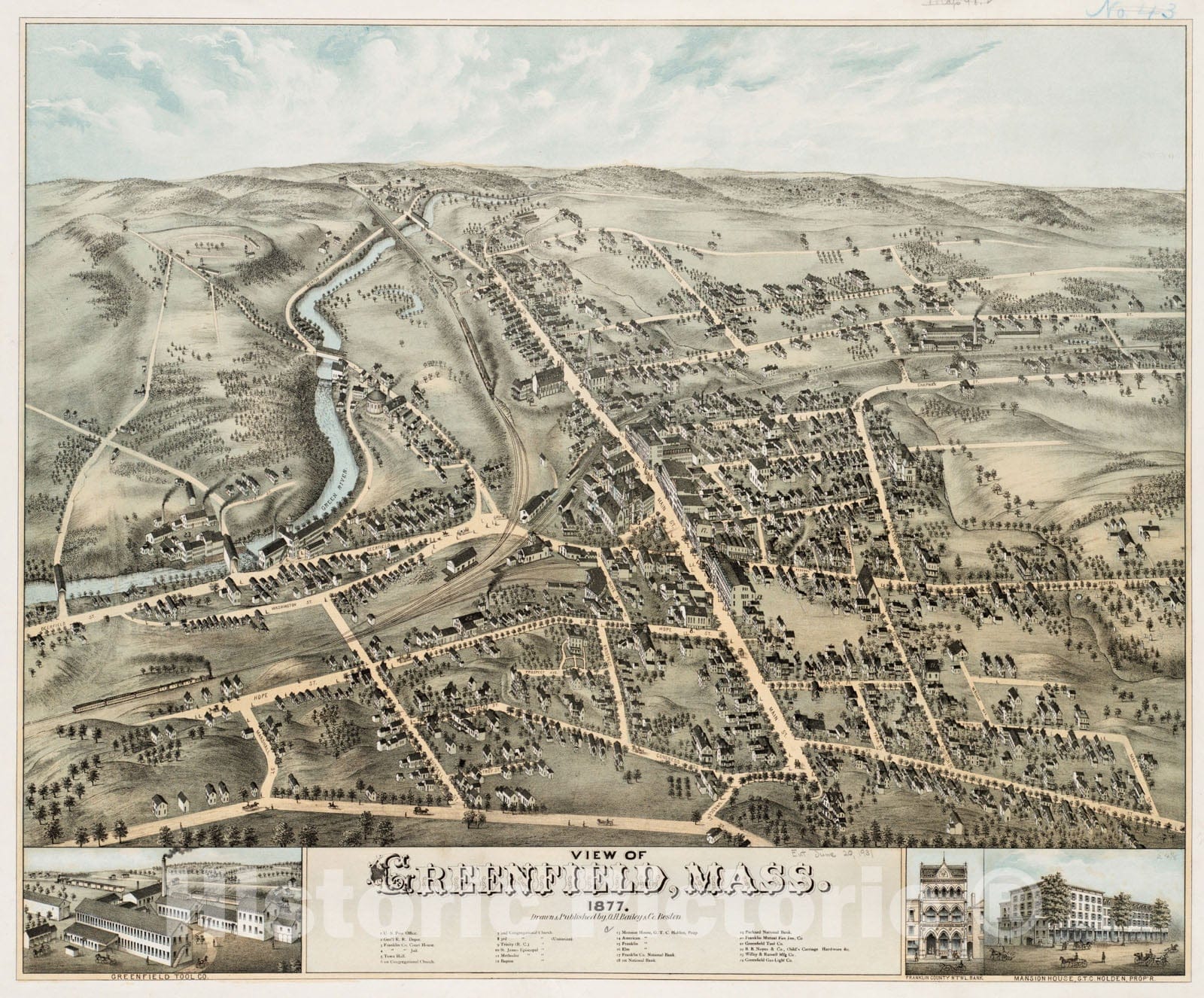 Historical Map, 1877 View of Greenfield, Mass, Vintage Wall Art