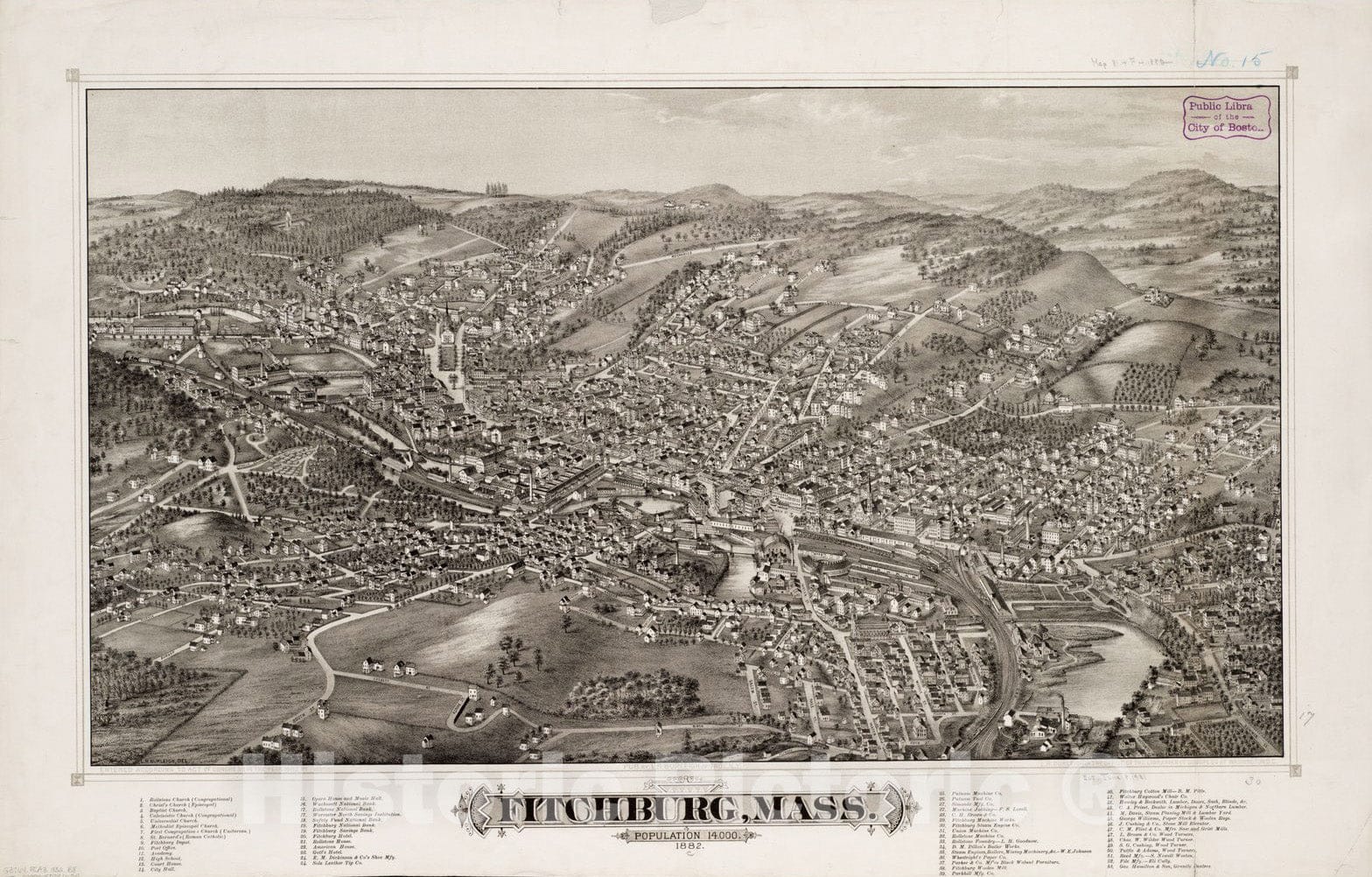 Historical Map, Fitchburg, Mass : Population 14,000, 1882, Vintage Wall Art