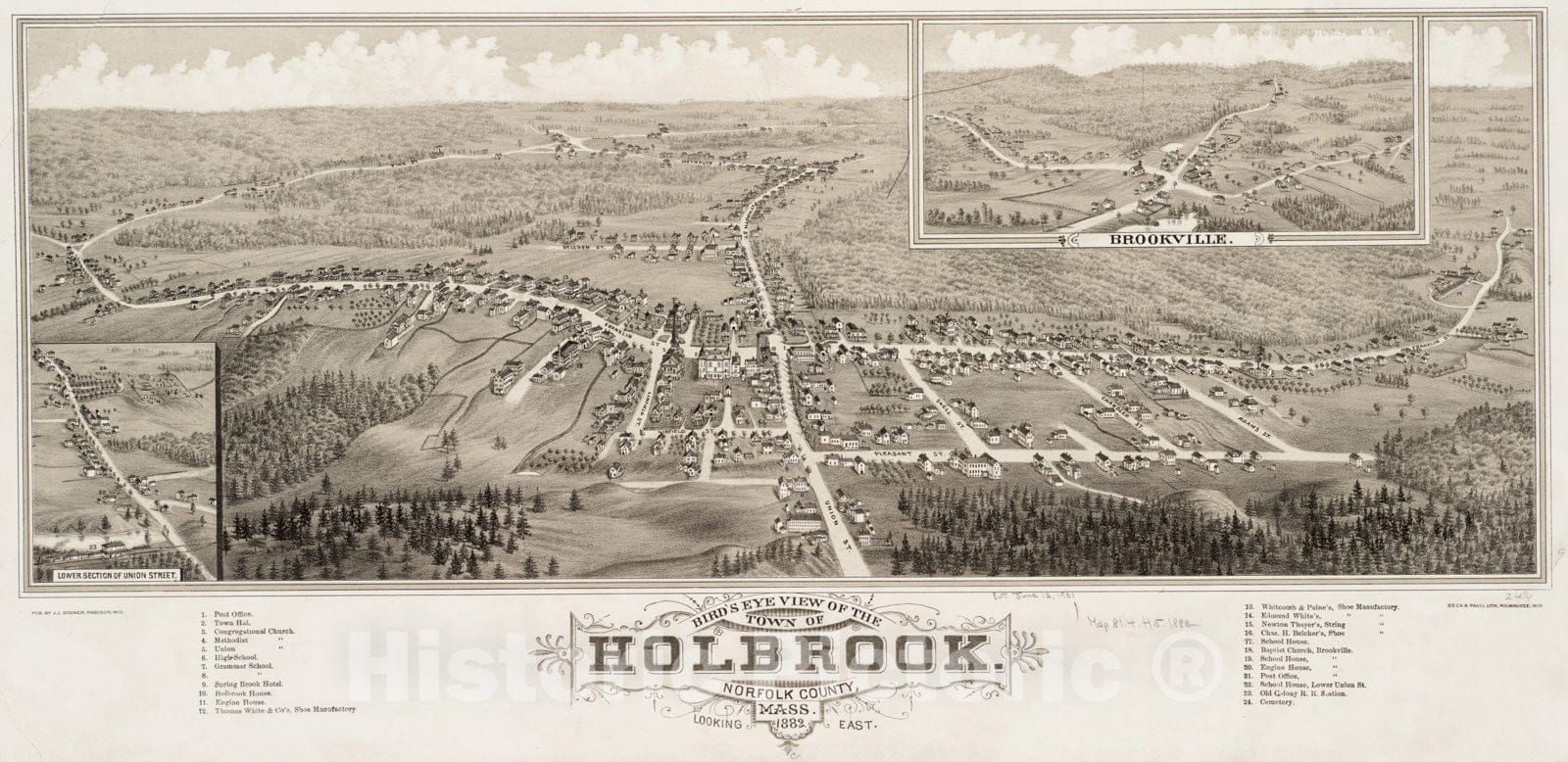 Historical Map, Bird's Eye View of The Town of Holbrook : Norfolk County, Mass, Looking East, 1882, Vintage Wall Art