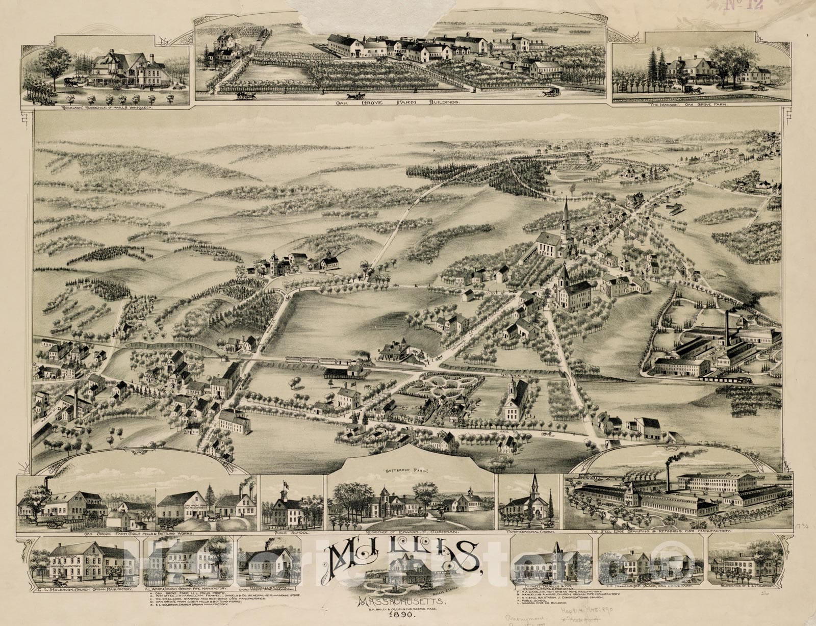 Historical Map, Millis, Massachusetts 1890, Vintage Wall Art