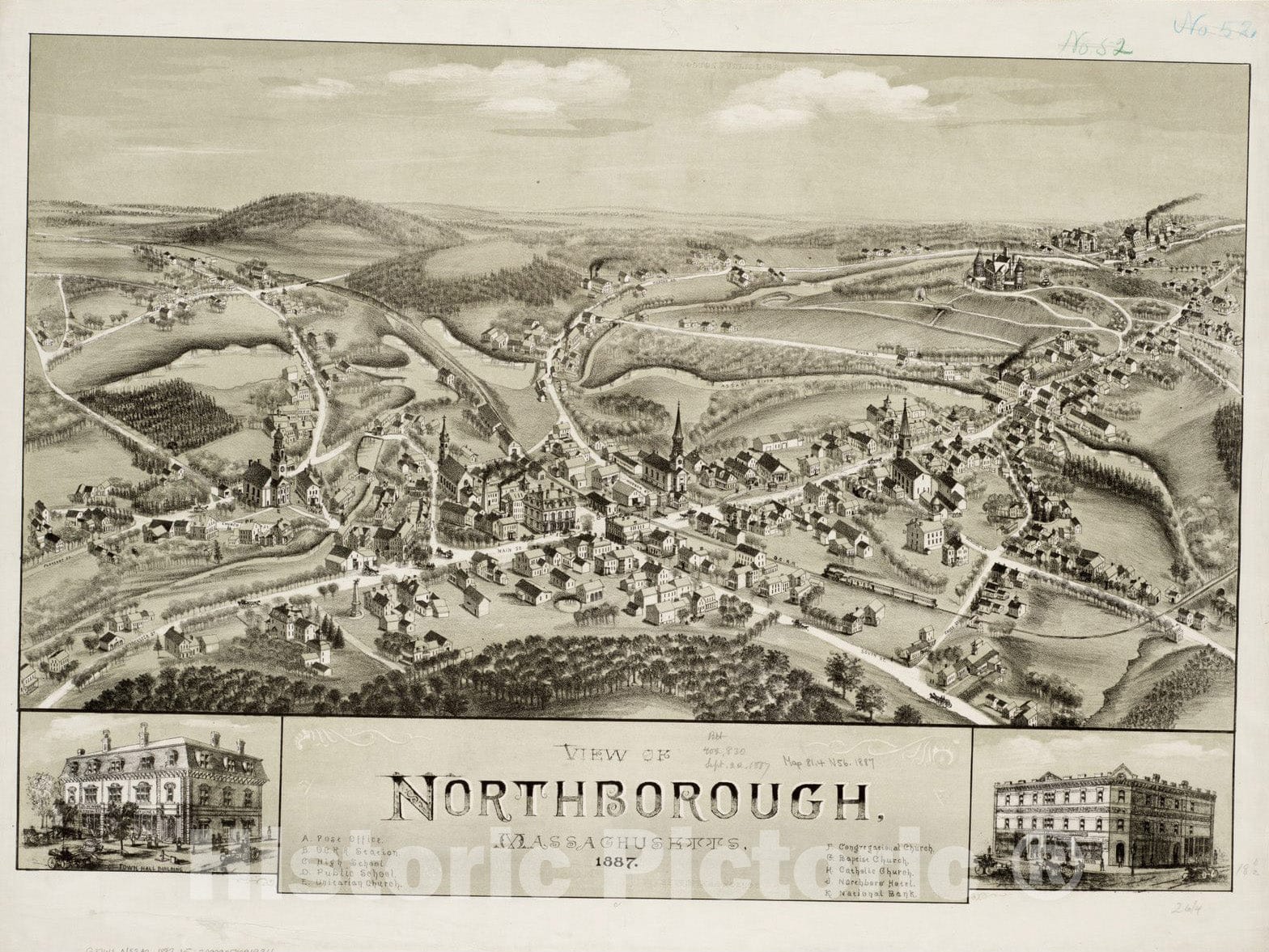 Historical Map, View of Northborough, Massachusetts : 1887, Vintage Wall Art
