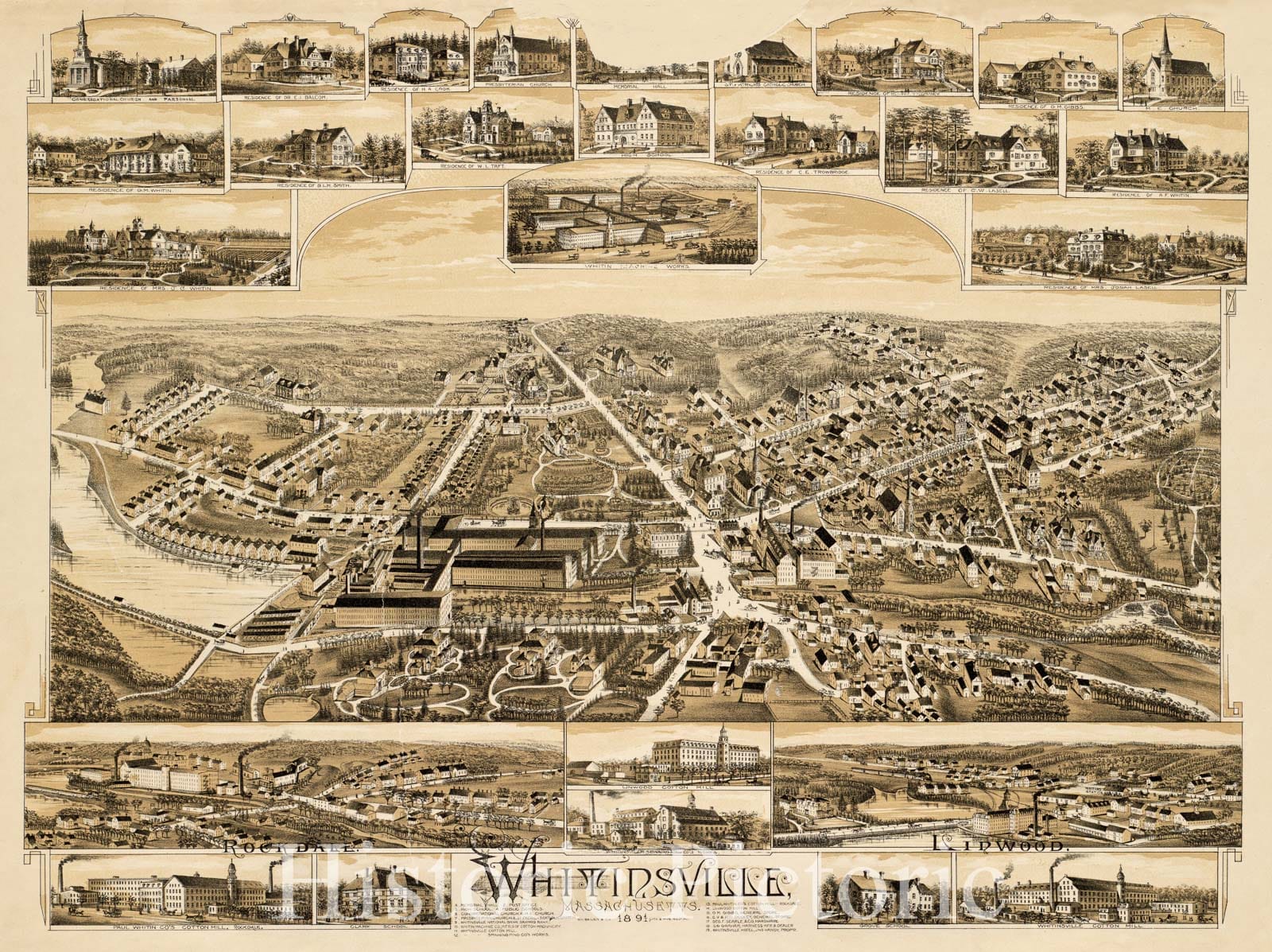 Historical Map, Whitinsville, Massachusetts : 1891, Vintage Wall Art