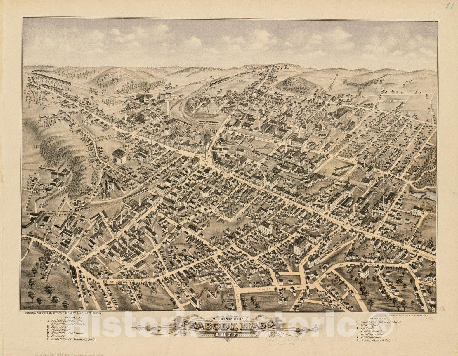 Historical Map, View of Peabody, Mass : 1877, Vintage Wall Art