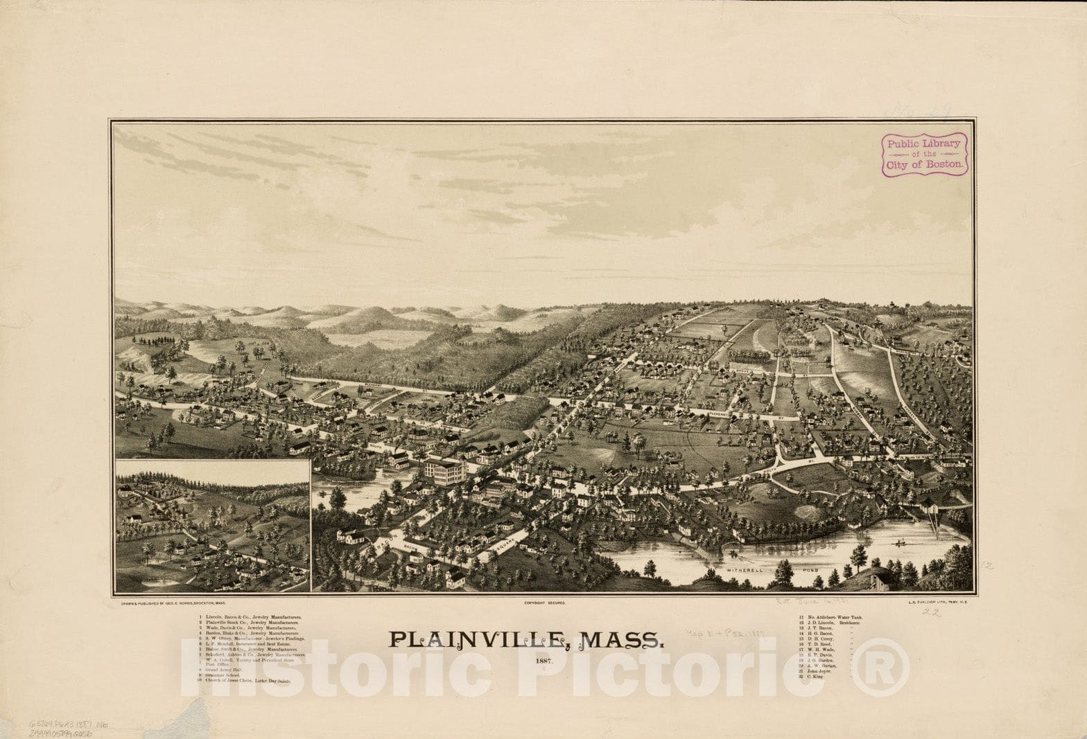 Historical Map, Plainville, Mass : 1887, Vintage Wall Art