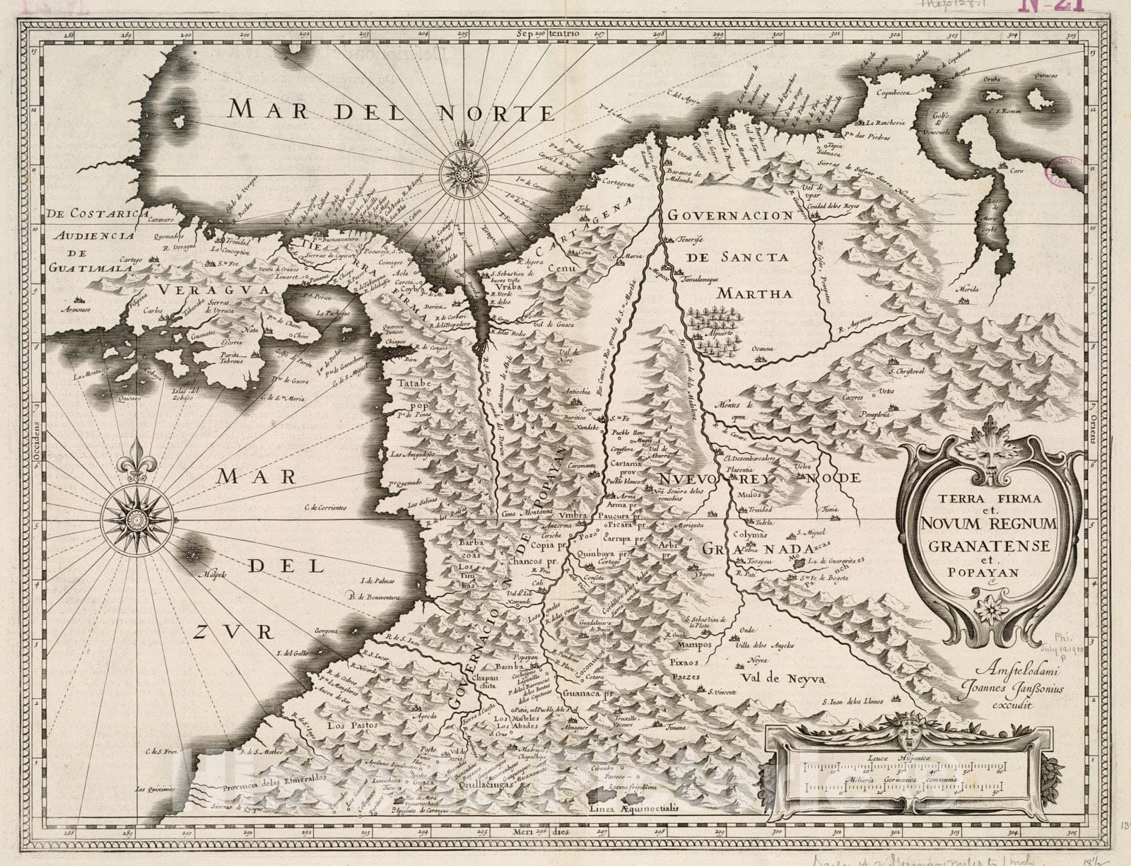 Historical Map, 1649-1658 Terra Firma et Novum regnum Granatense et Popayan, Vintage Wall Art