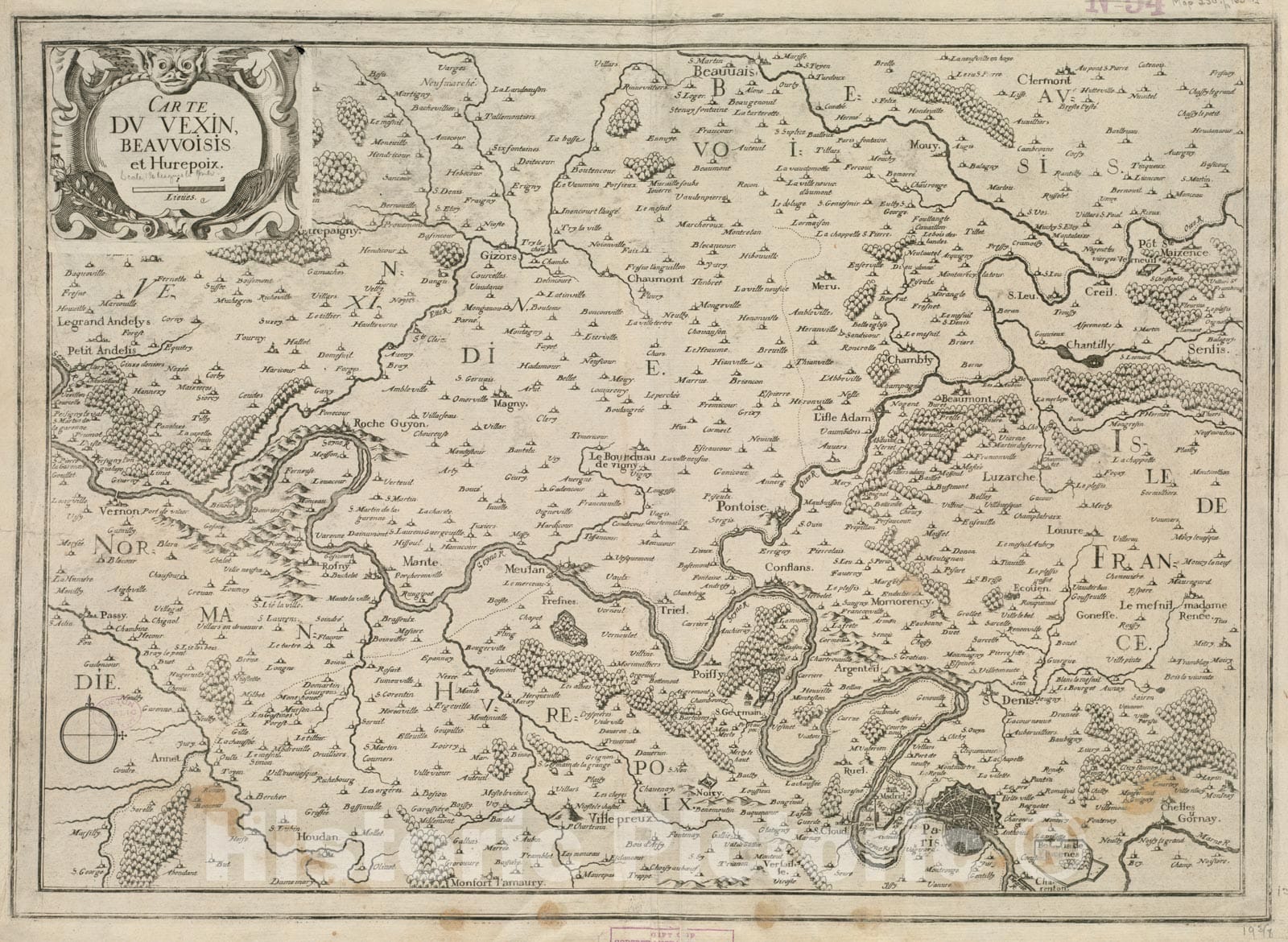 Historical Map, 1634-1650 Carte du Vexin, Beauvoisis, et Hurepoix, Vintage Wall Art