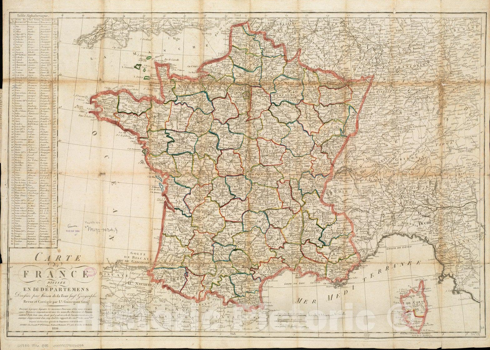 Historical Map, 1816 Carte de France divisee en 86 departemens, Vintage Wall Art