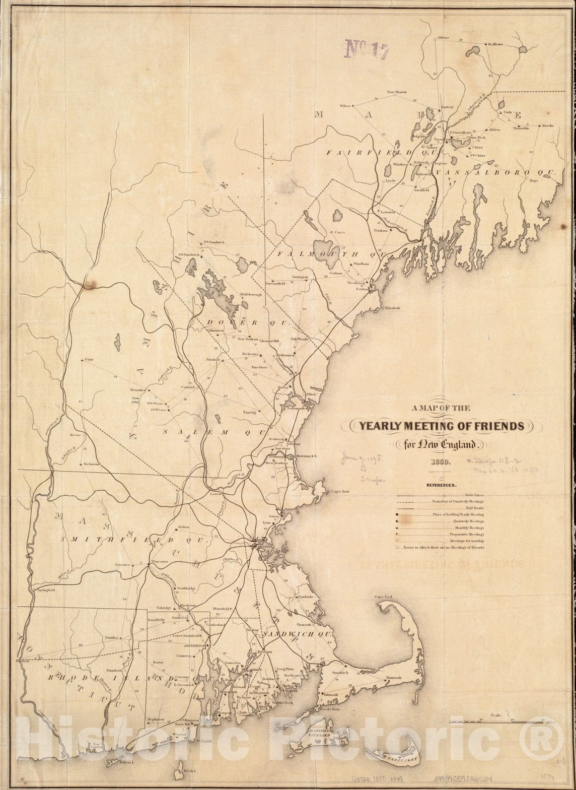 Historical Map, A map of The Yearly Meeting of Friends for New England : 1850, Vintage Wall Art