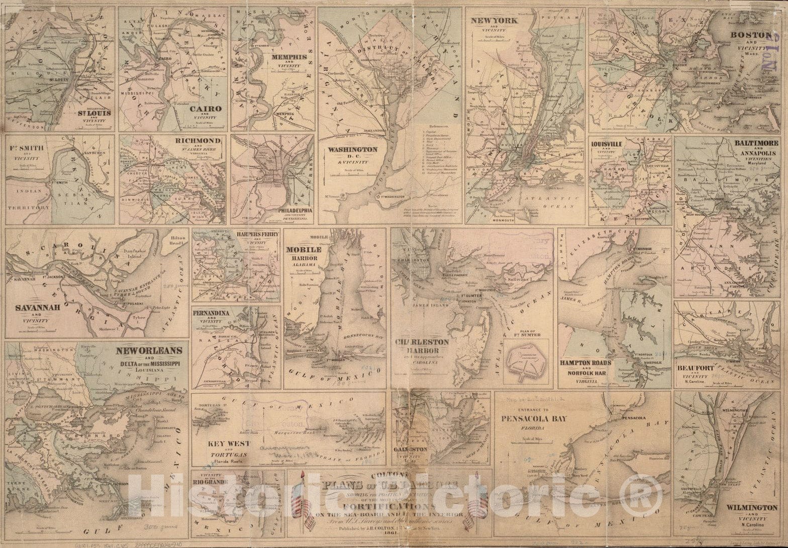 Historical Map, 1861 Colton's Plans of U.S. Harbors : Showing The Position & vicinities of The Most Important fortifications on The sea-Board and in The Interior, Vintage Wall Art