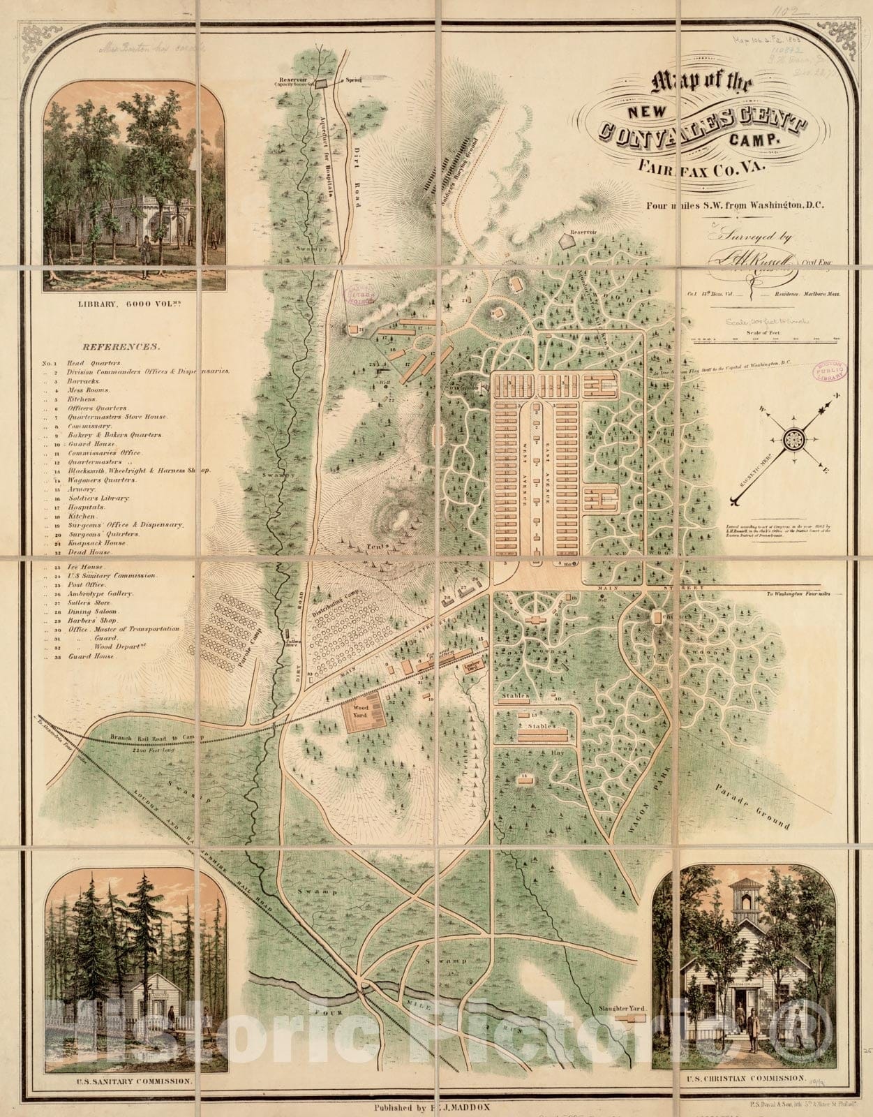 Historical Map, 1863 Map of The New Convalescent Camp : Fairfax Co, Va. Four Miles S.W. from Washington, D.C, Vintage Wall Art