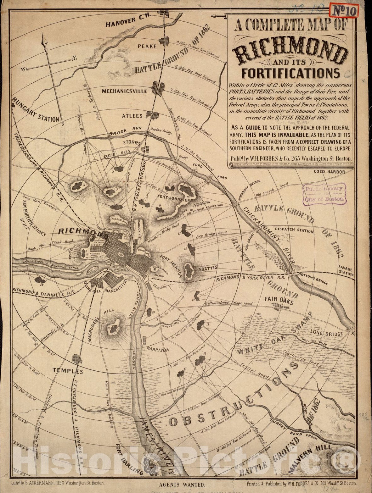 Historical Map, A Complete map of Richmond and its fortifications Within a Circle of 12 Miles Showing The numerous forts, Batteries and The Range of Their fire, Vintage Wall Art