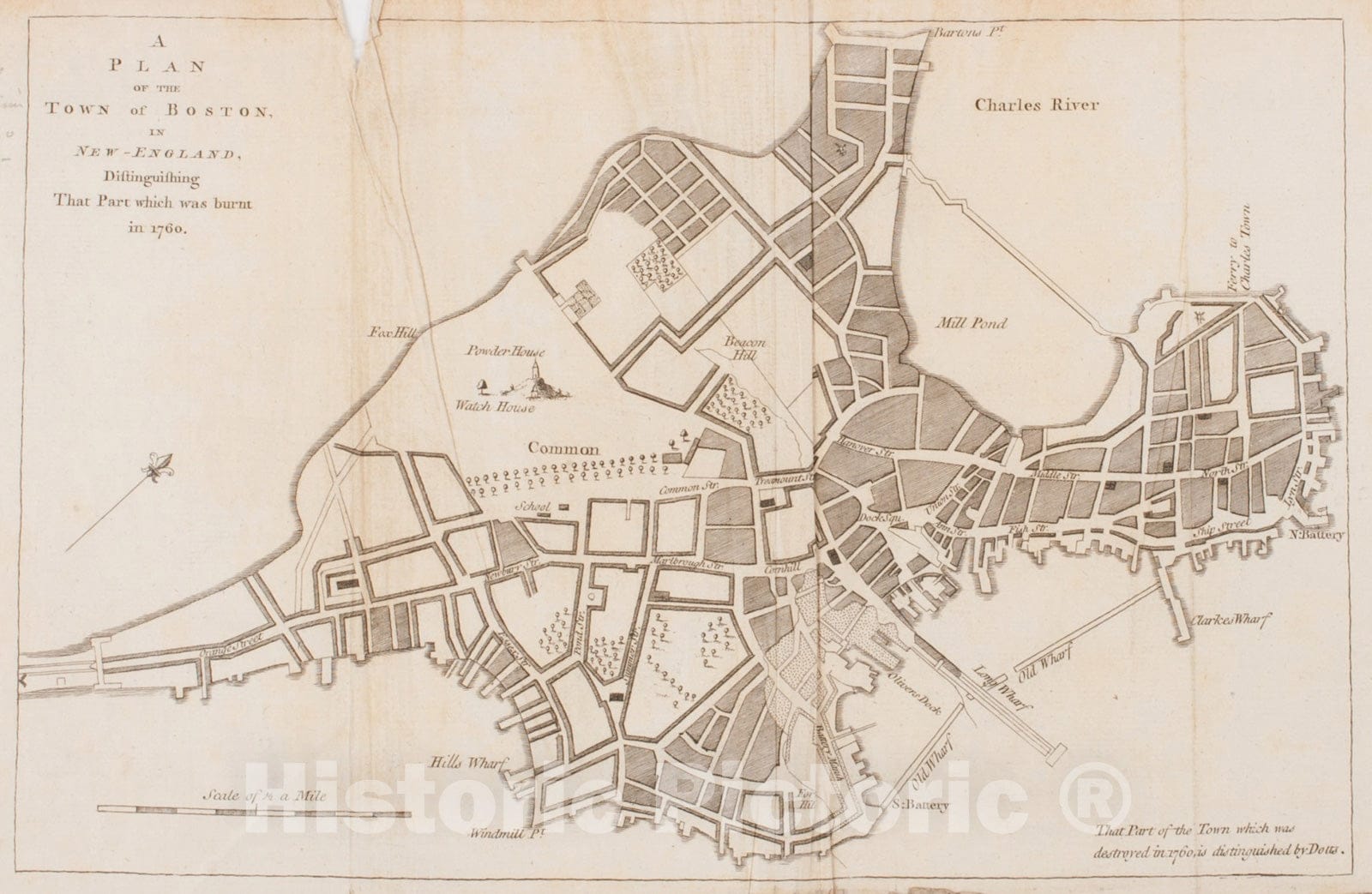 Historical Map, A Plan of The Town of Boston, in New-England, distinguishing That Part which was Burnt in 1760, Vintage Wall Art