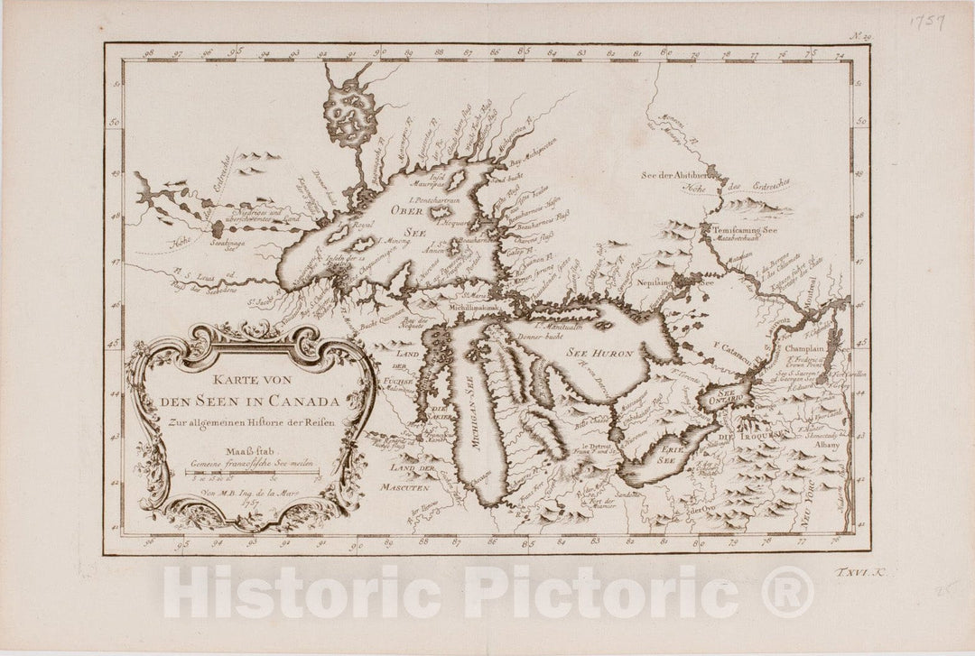 Historical Map, 1757 Karte von den seen in Canada, Vintage Wall Art