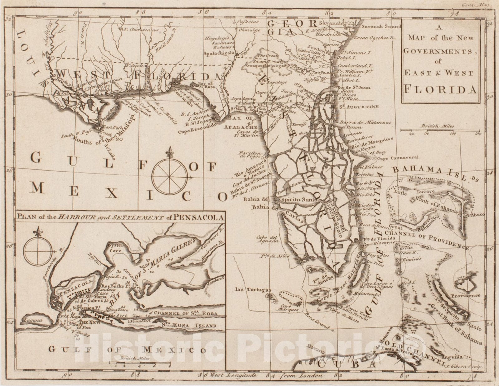 Historical Map, 1763 A Map of The New Governments, of East & West Florida, Vintage Wall Art