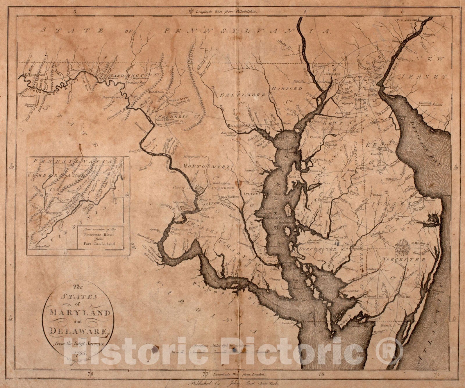 Historical Map, 1796 The States of Maryland and Delaware, from The Latest surveys, Vintage Wall Art