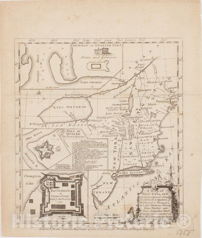 Historical Map, 1755 A Map of New England & ye Country Adjacent, Extending northward to Quebec, Westward to Niagara, on Lake Ontario; shewing Gen. Shirley, Vintage Wall Art