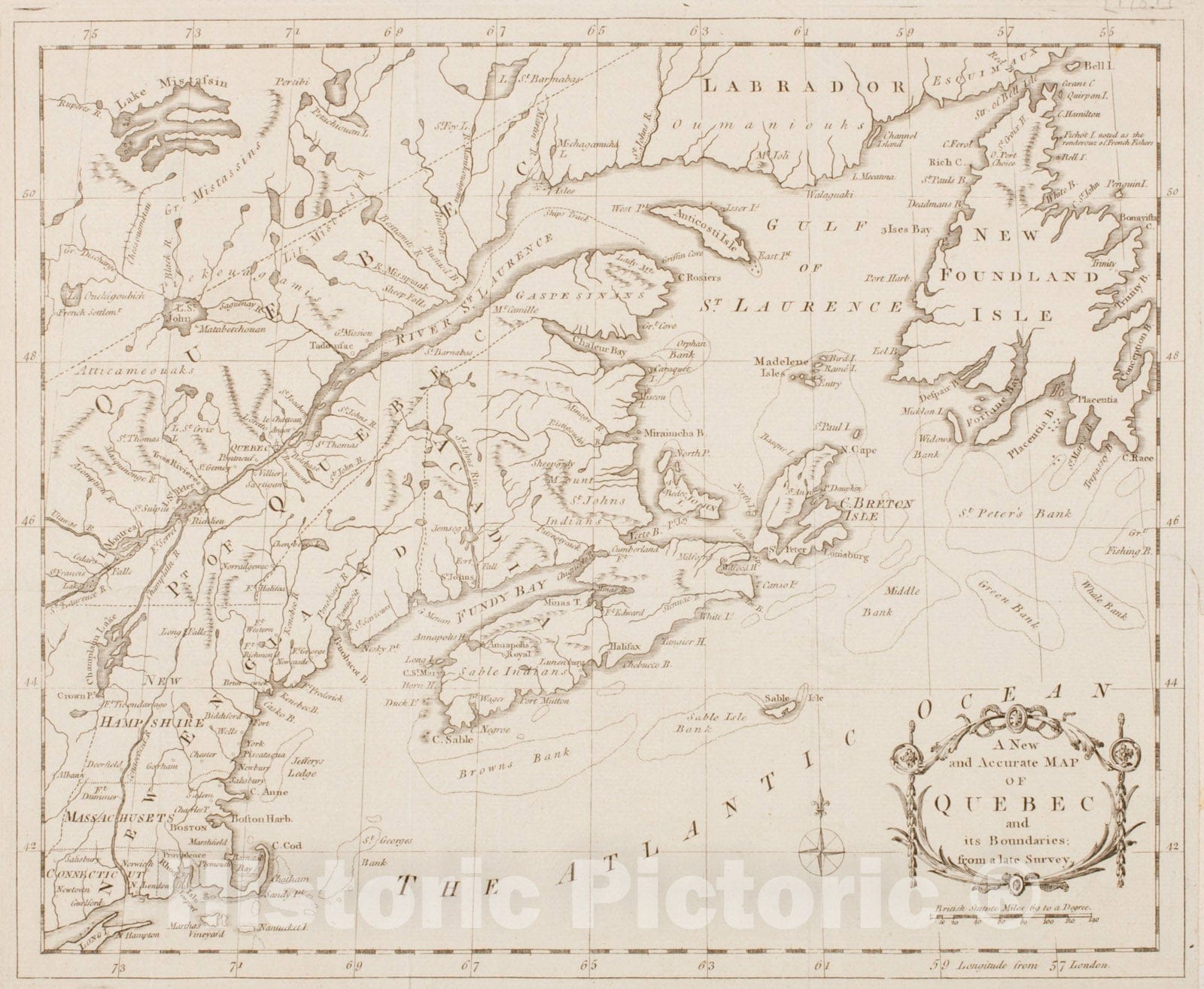 Historical Map, 1781 A New and Accurate map of Quebec and its Boundaries: from a Late Survey, Vintage Wall Art