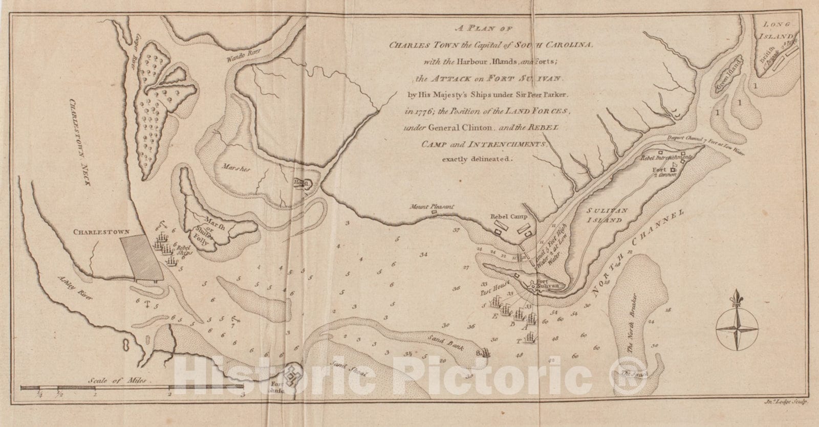 Historical Map, A Plan of Charles Town The Capitol of South Carolina, with The Harbour, Islands, and forts; The Attack on Fort Sulivan, Vintage Wall Art
