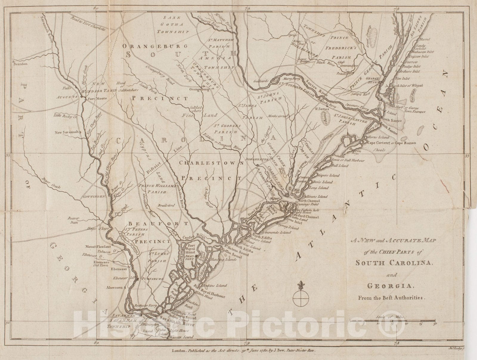 Historical Map, 1780 A New and accurate map of the chief parts of South Carolina, and Georgia, Vintage Wall Art