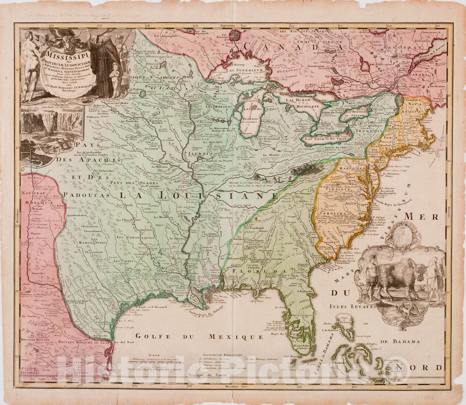 Historical Map, Amplissima regionis Mississipi : seu provinciae Ludoviciana a R.P. Ludovico Hennepin Francise Miss. in America Septentrionali Anno 1687 detectae, Vintage Wall Art