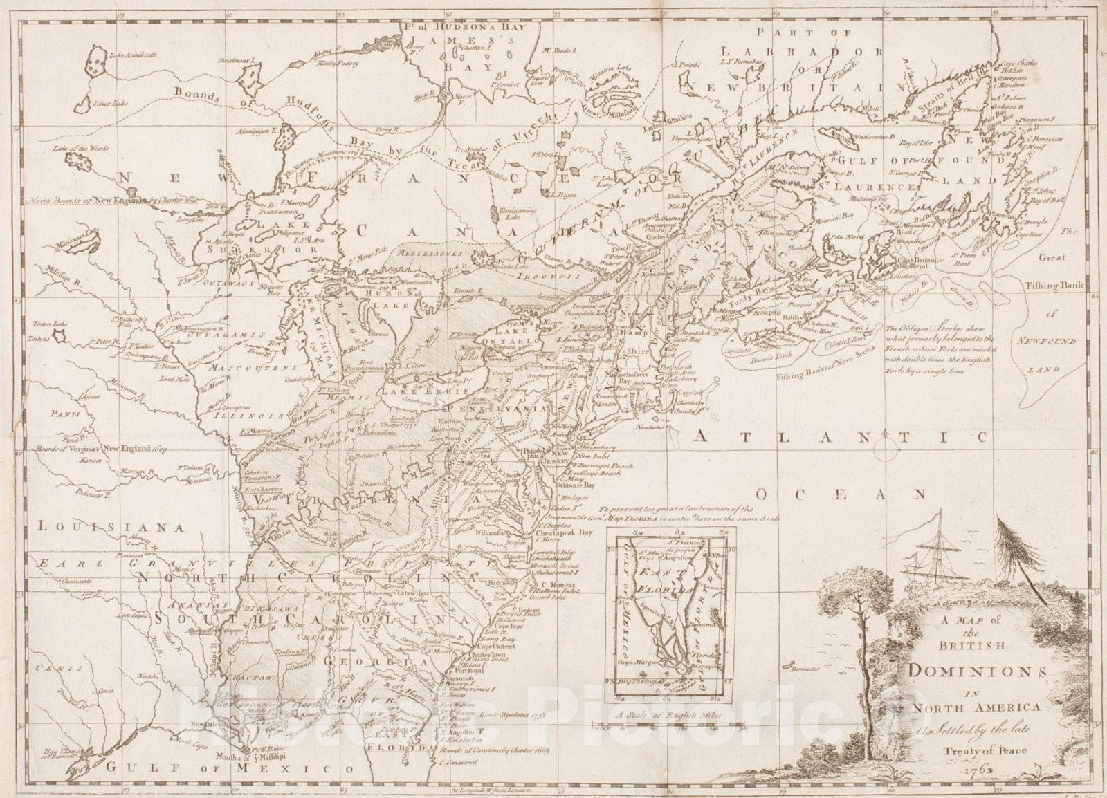 Historical Map, A Map of The British dominions in North America as Settled by The Late Treaty of Peace 1763, Vintage Wall Art