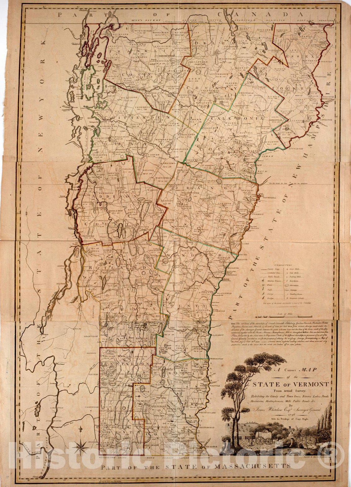 Historical Map, 1796 A Correct map of The State of Vermont from Actual Survey; : exhibiting The County andtown Lines, Rivers, Lakes, Ponds, Vintage Wall Art