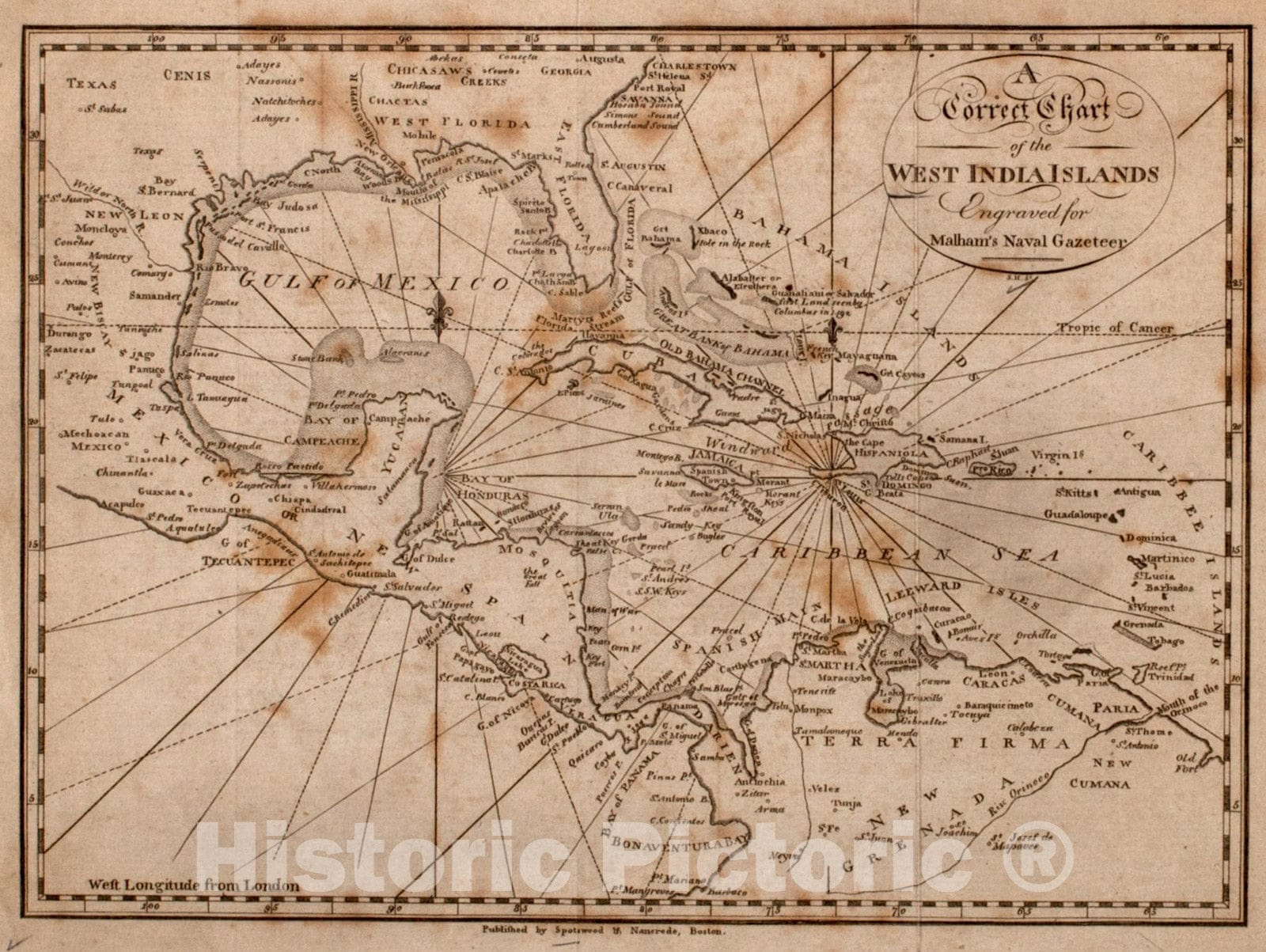Historical Map, 1797 A Correct chart of the West India islands : engraved for Malham's naval gazetteer, Vintage Wall Art