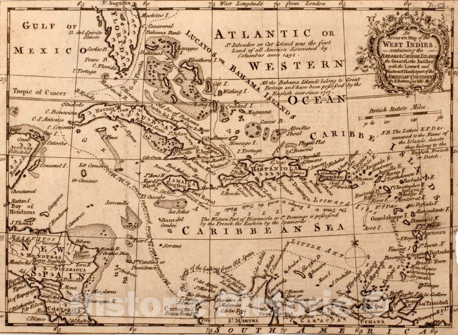 Historical Map, 1758 an Accurate map of The West Indies, containing The Bahama & Carribe Islands, The Great & Little Antilles, with The Leward and Windward Islands, Vintage Wall Art