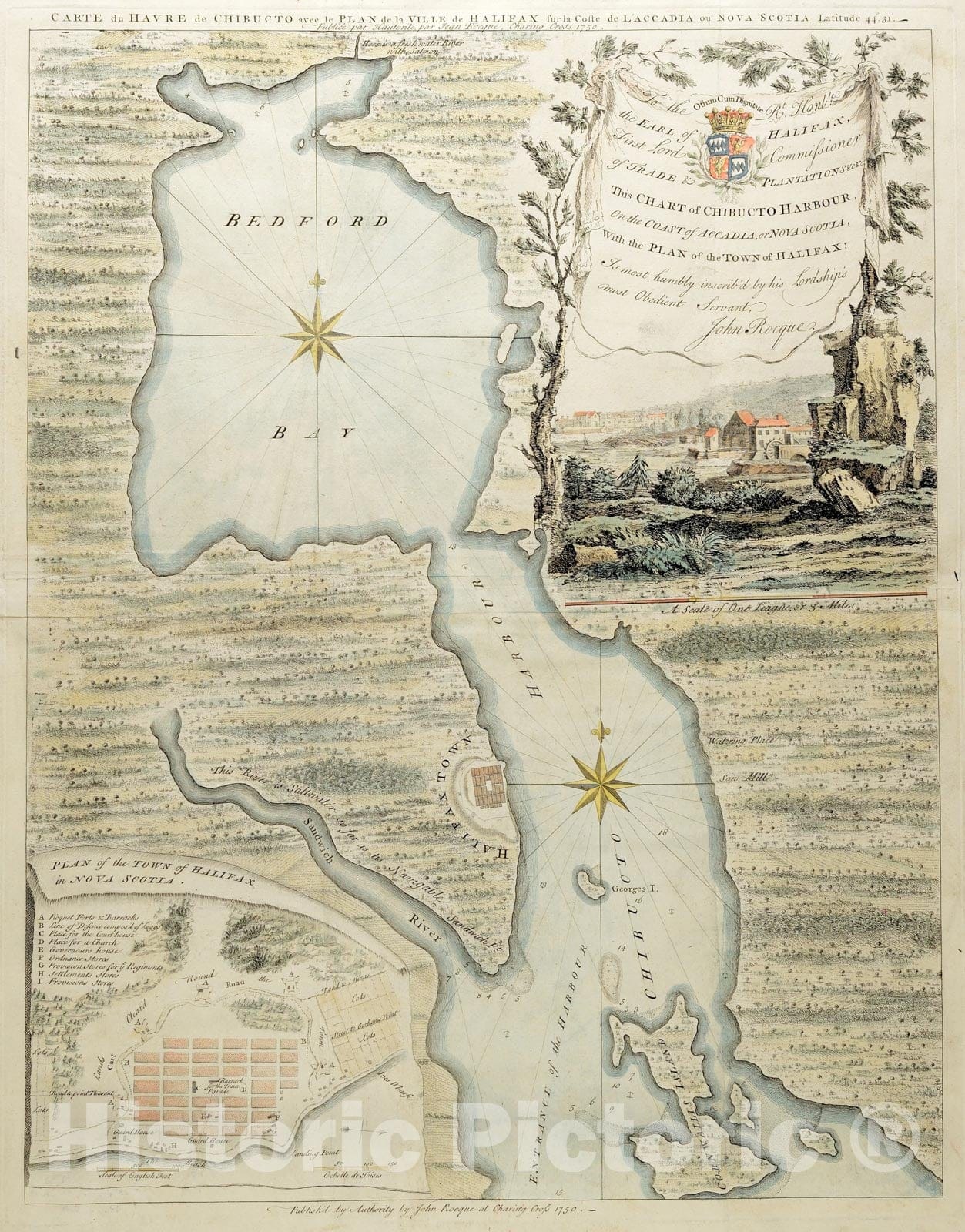 Historical Map, 1750 Carte du havre de Chibucto avec le Plan de la ville de Halifax sur la coste de l'Accadia ou Nova Scotia latitude 44AÂ° 31EÂ¹, Vintage Wall Art