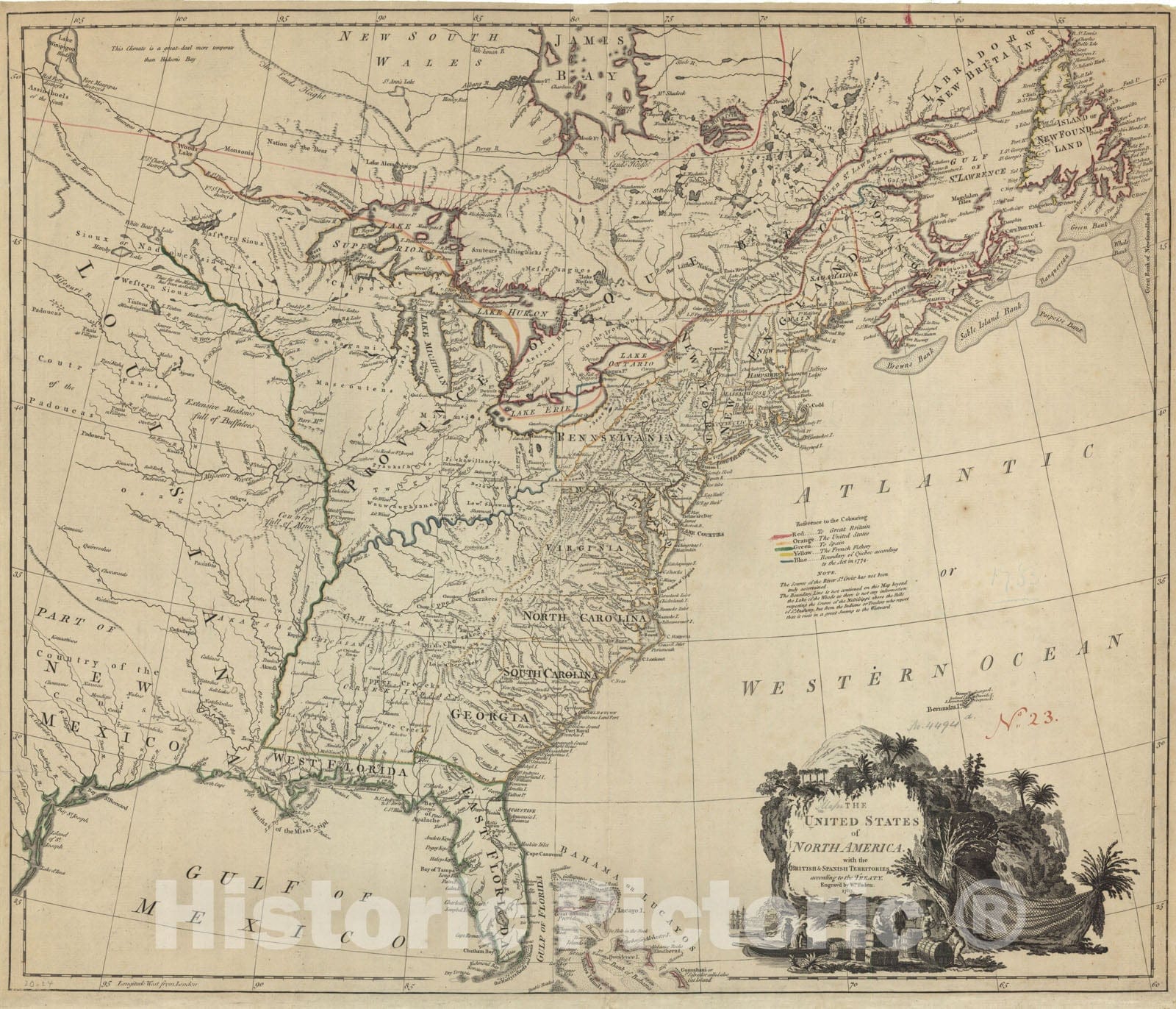 Historical Map, 1783 The United States of North America, with the British & Spanish territories according to the treaty, Vintage Wall Art