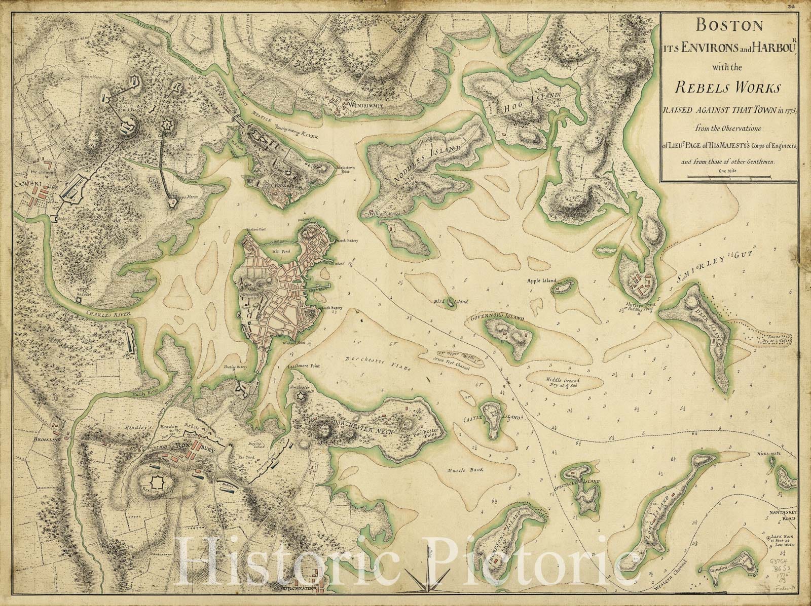 Historical Map, Boston, its Environs and Harbour : with The Rebels Works Raised Against That Town in 1775, Vintage Wall Art
