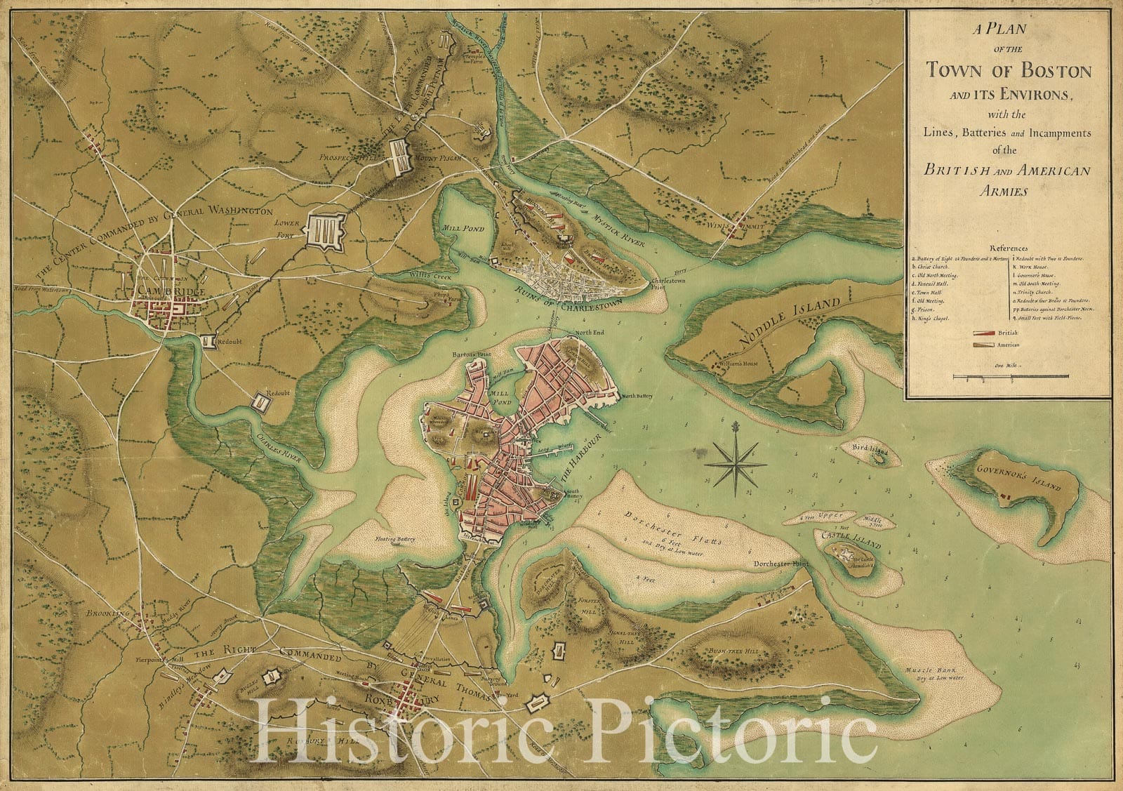 Historical Map, 1776 A Plan of The Town of Boston and its Environs, with The Lines, Batteries, and incampments of The British and American Armies, Vintage Wall Art