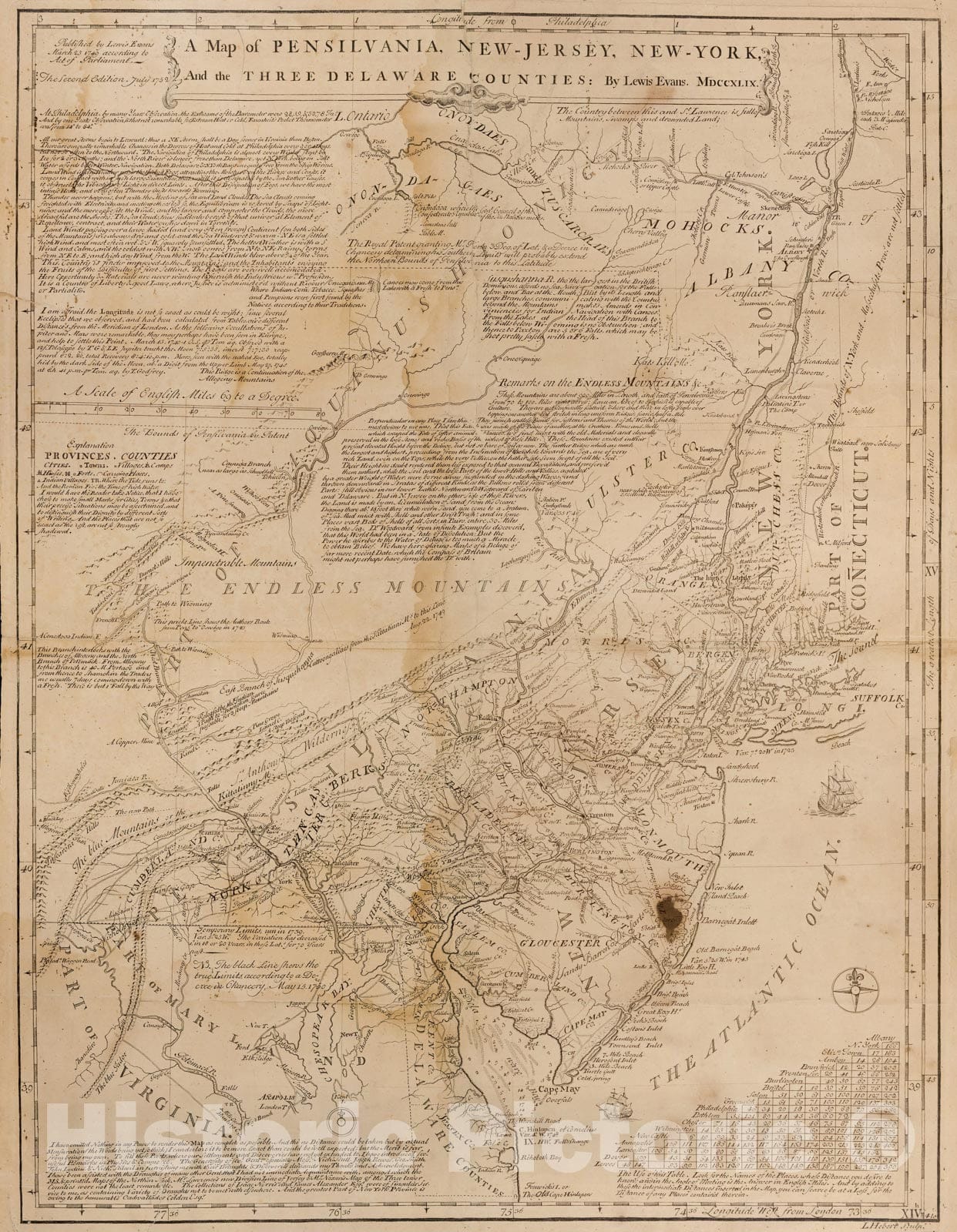 Historical Map, 1752 A map of Pensilvania, New-Jersey, New-York, and The Three Delaware Counties, Vintage Wall Art