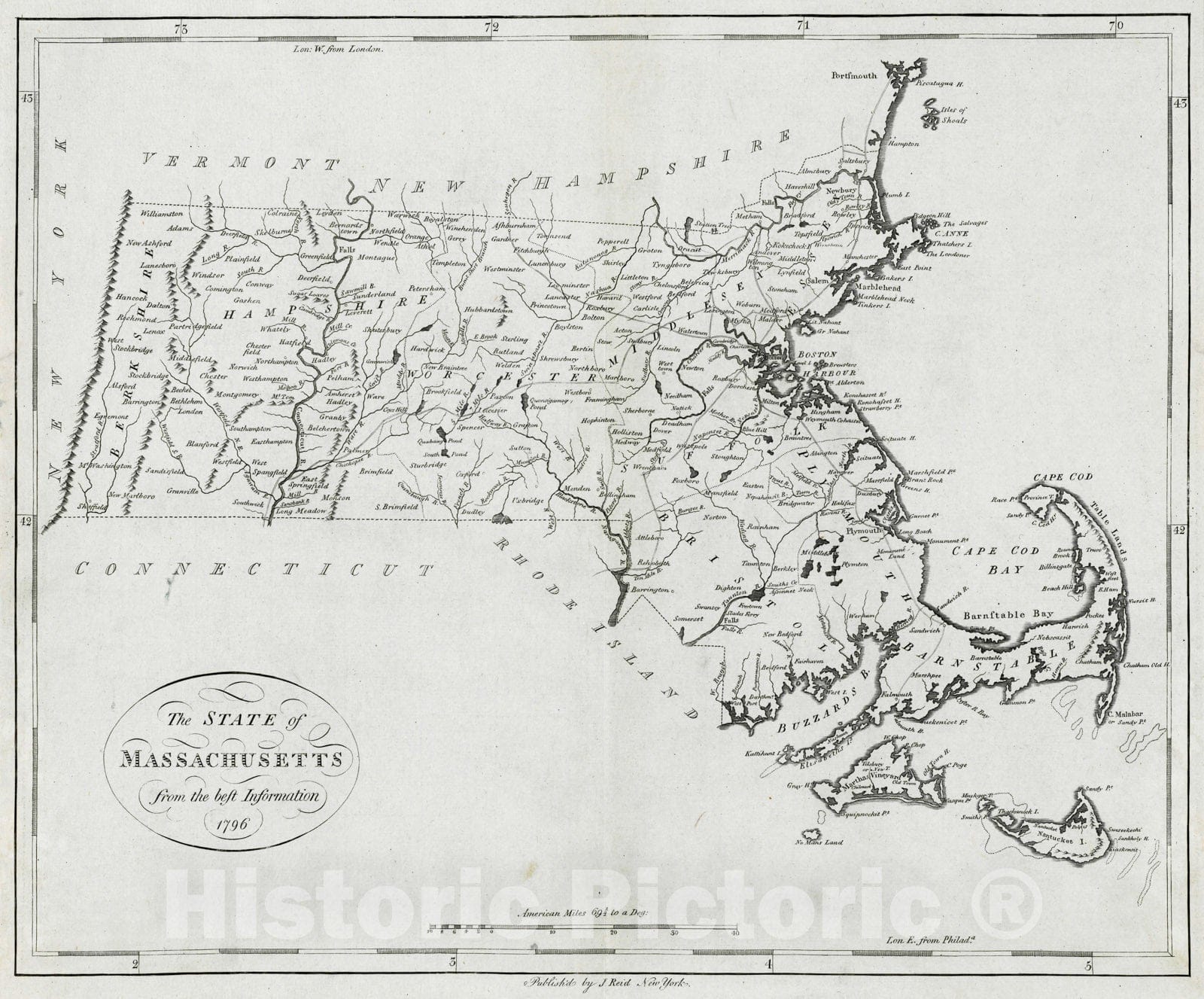 Historical Map, 1796 The State of Massachusetts from The Best Information, Vintage Wall Art