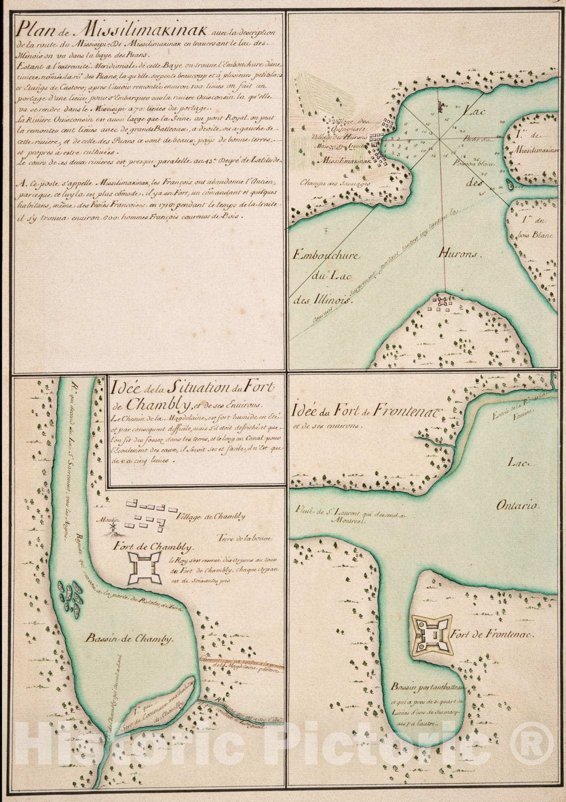 Historical Map, 1717 Plan de Missilimakinak avec la Description de la Route du Missisipi ; Idee de la Situation du Fort de Chambly, et des SES Environs, Vintage Wall Art :